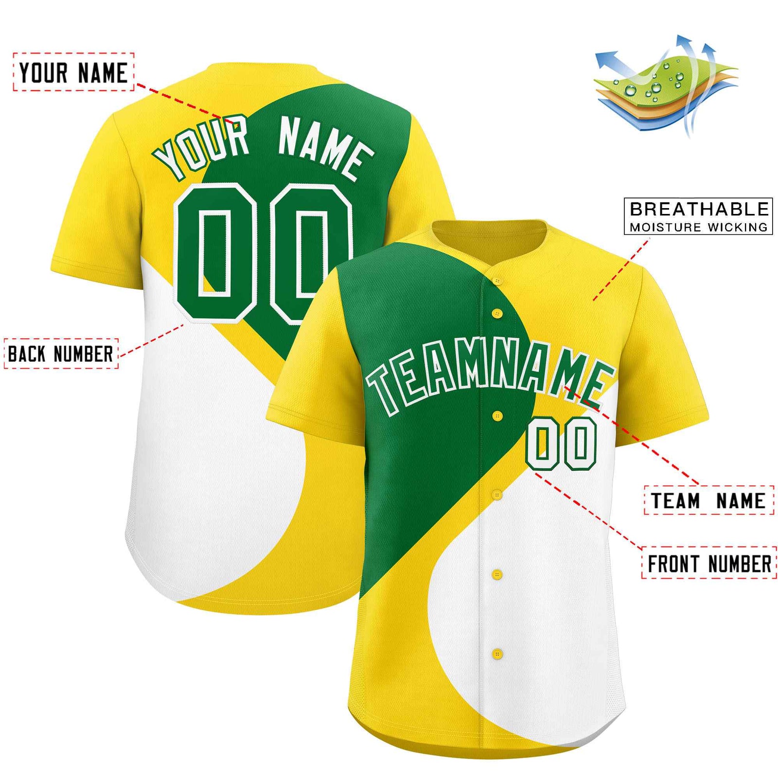 Custom Gold Kelly Green-White Color Block Personalized Half Heart Pattern Authentic Baseball Jersey