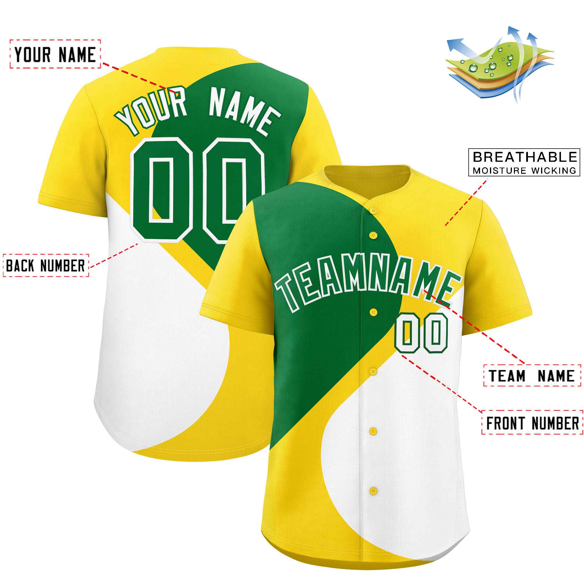 Custom Gold Kelly Green-White Color Block Personalized Half Heart Pattern Authentic Baseball Jersey