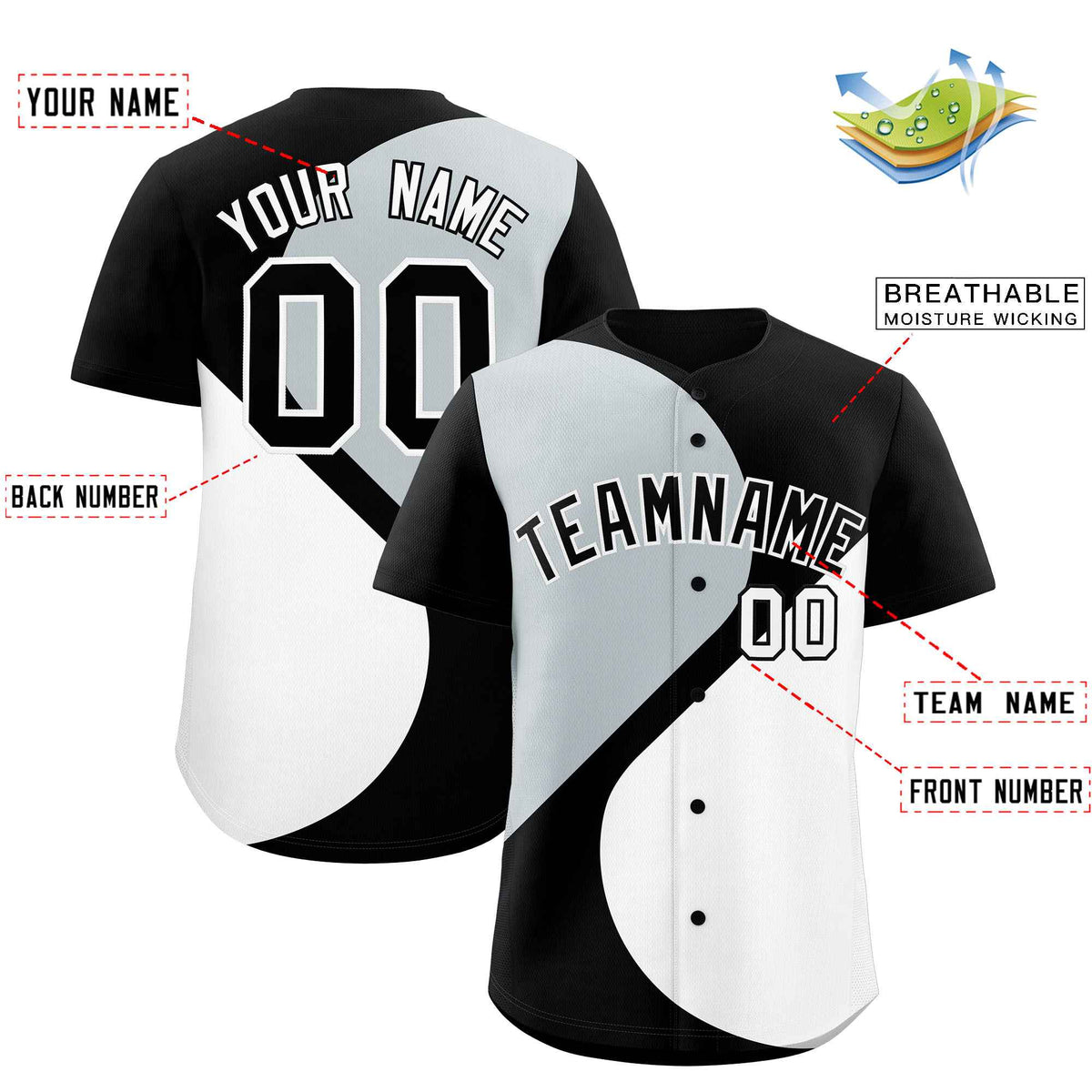 Custom Black Silver-White Color Block Personalized Half Heart Pattern Authentic Baseball Jersey