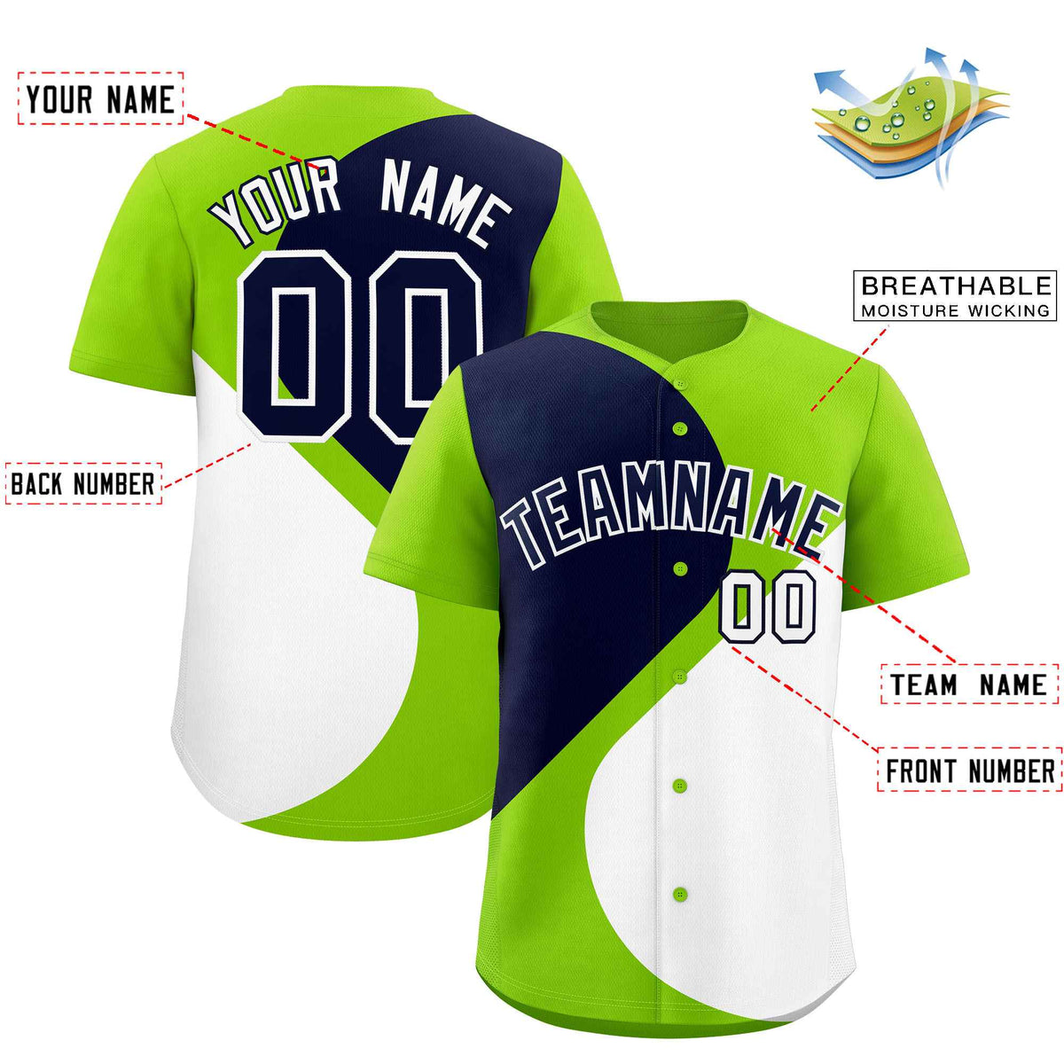 Custom Neon Green Navy-White Color Block Personalized Half Heart Pattern Authentic Baseball Jersey