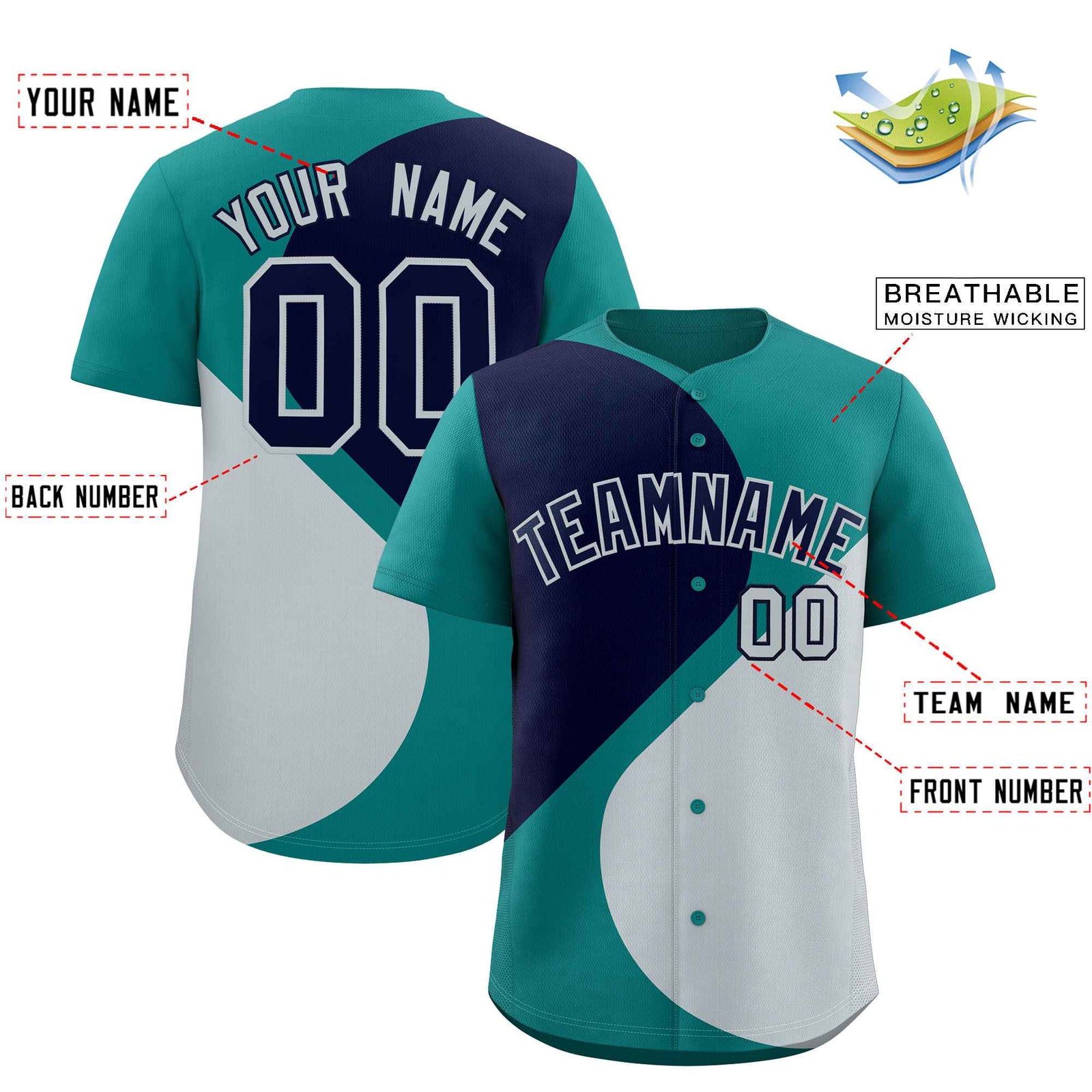 Custom Aqua Navy-Silver Color Block Personalized Half Heart Pattern Authentic Baseball Jersey