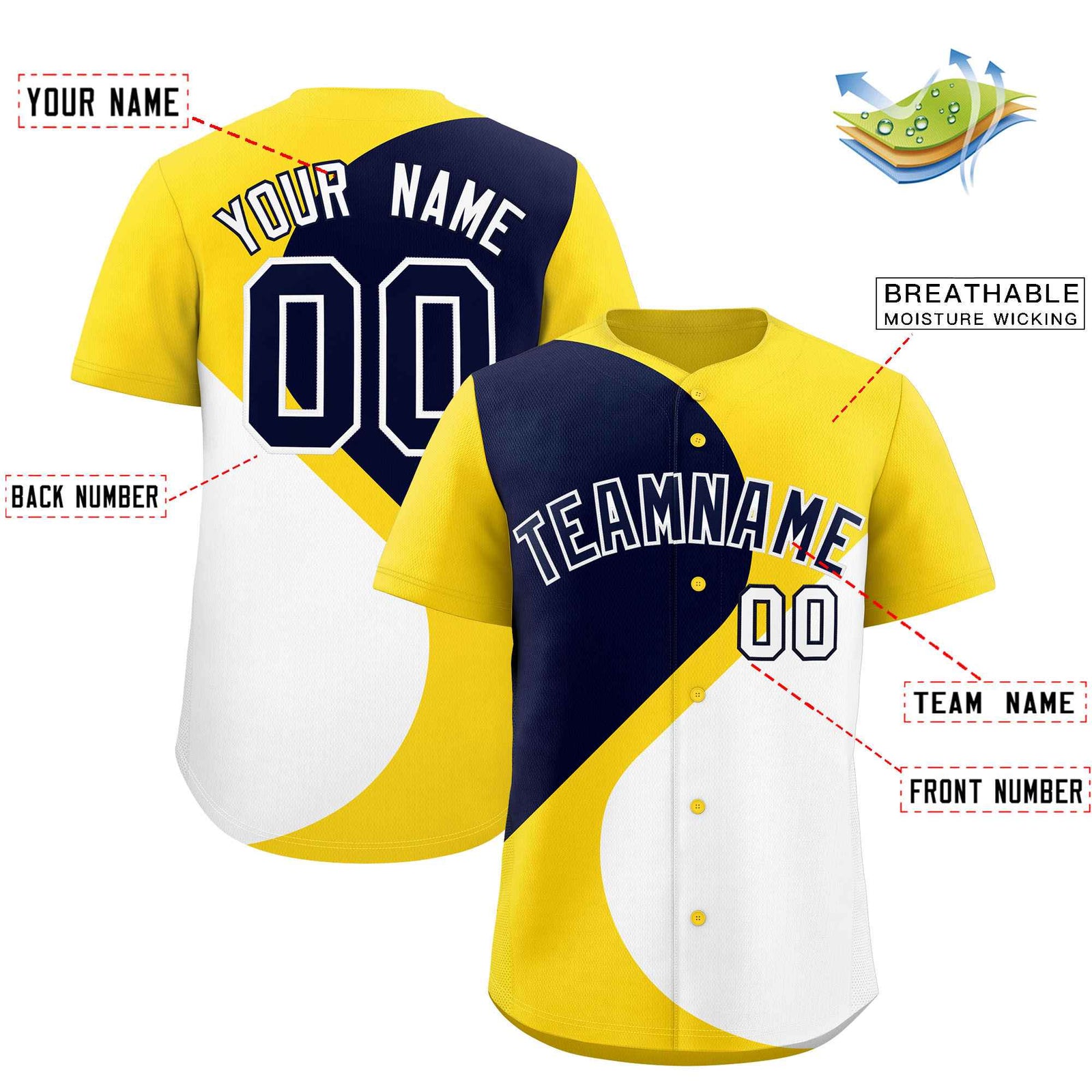 Custom Gold Navy-White Color Block Personalized Half Heart Pattern Authentic Baseball Jersey