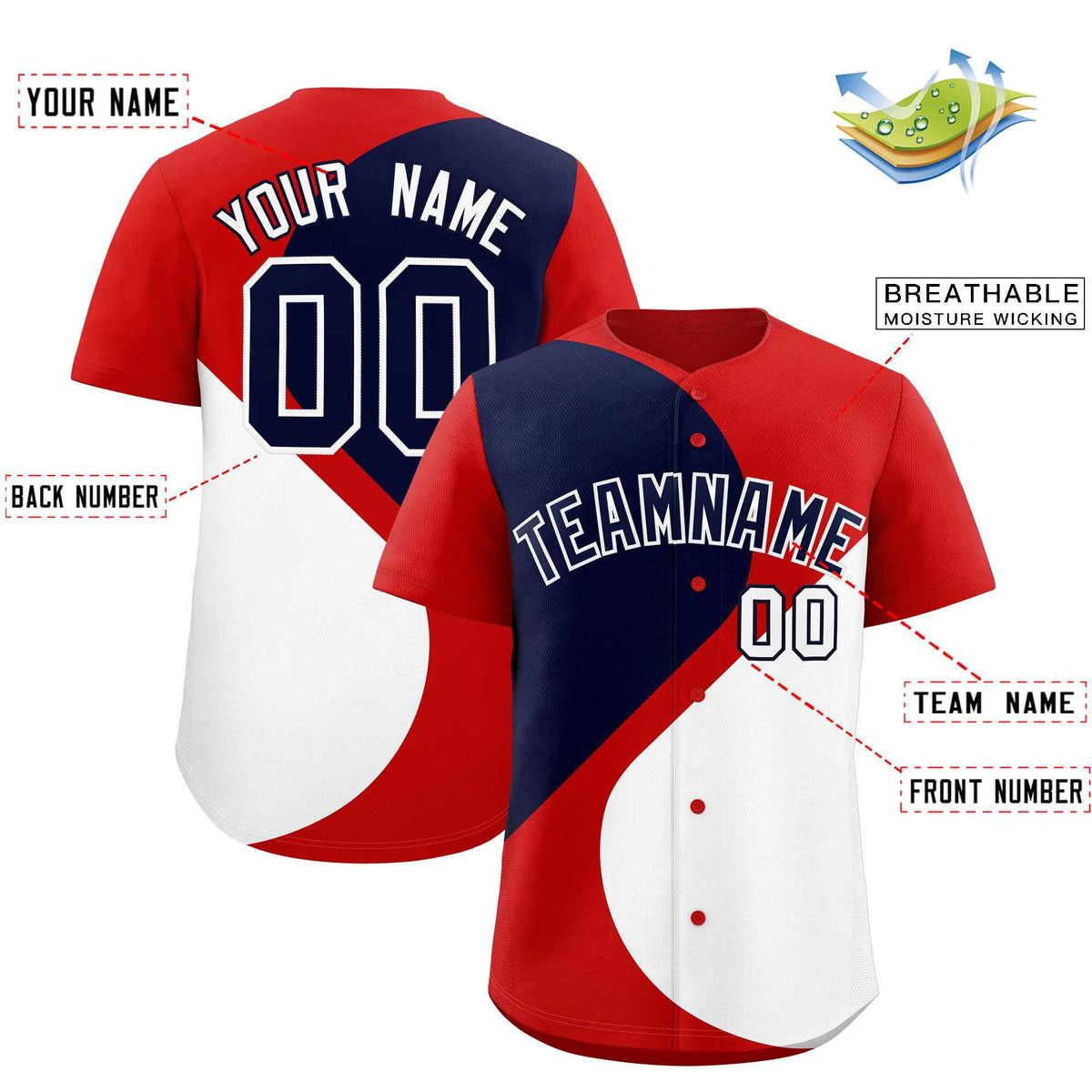 Custom Red Navy-White Color Block Personalized Half Heart Pattern Authentic Baseball Jersey