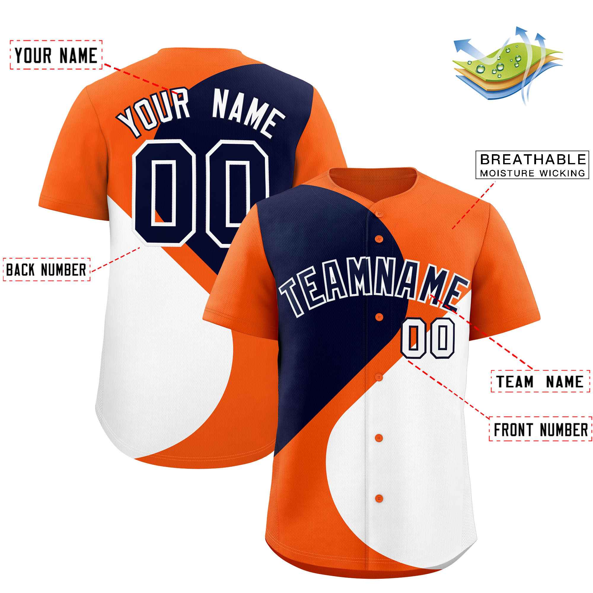 Custom Orange Navy-White Color Block Personalized Half Heart Pattern Authentic Baseball Jersey