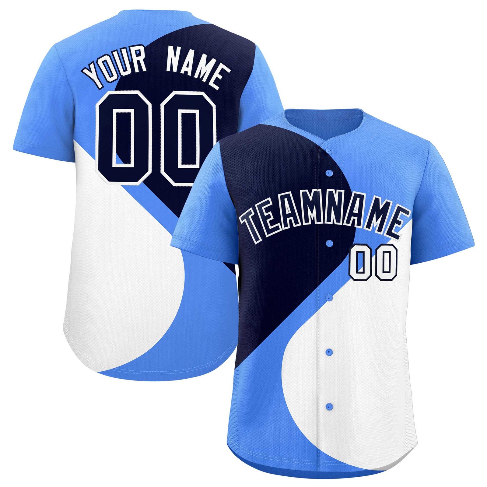 Custom Powder Blue Navy-White Color Block Personalized Half Heart Pattern Authentic Baseball Jersey