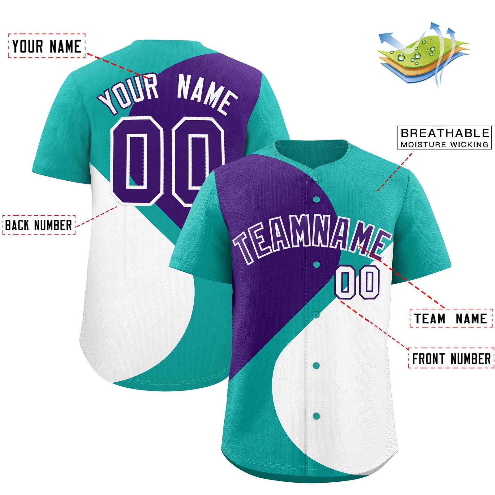 Custom Aqua Purple-White Color Block Personalized Half Heart Pattern Authentic Baseball Jersey