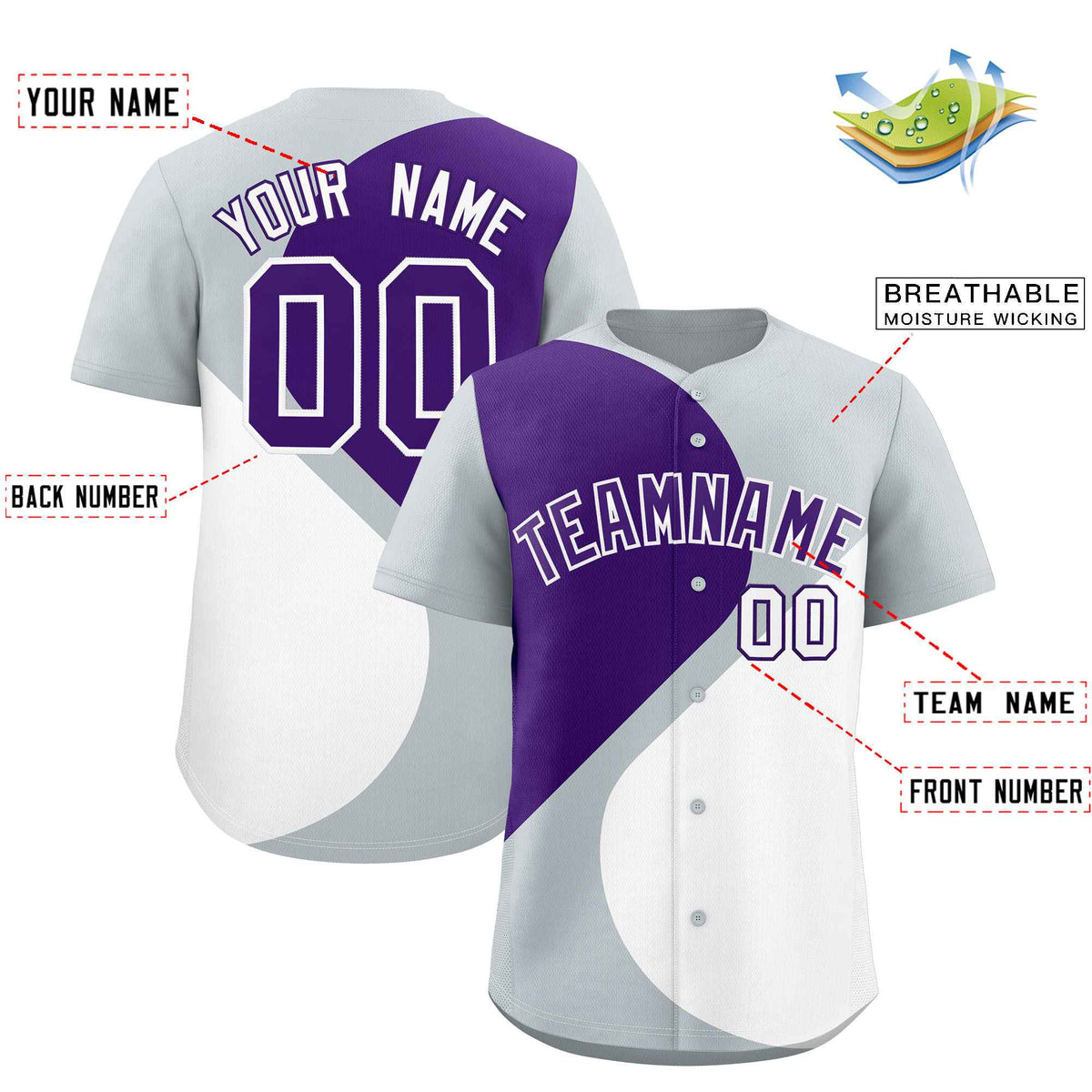 Custom Silver Purple-White Color Block Personalized Half Heart Pattern Authentic Baseball Jersey