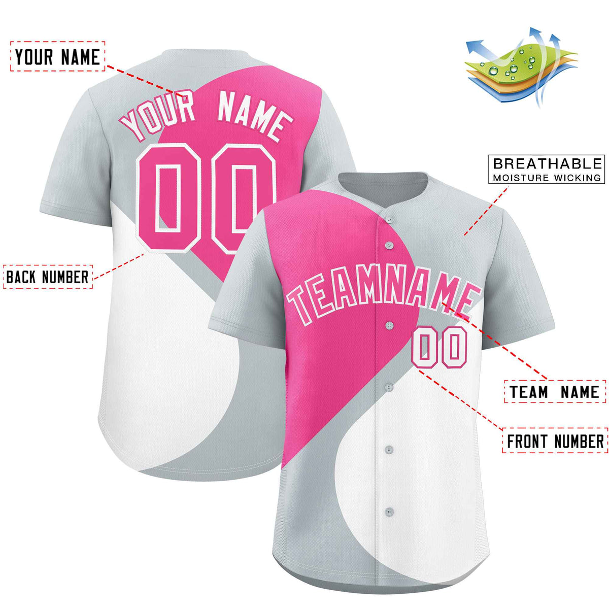 Custom Silver Pink-White Color Block Personalized Half Heart Pattern Authentic Baseball Jersey
