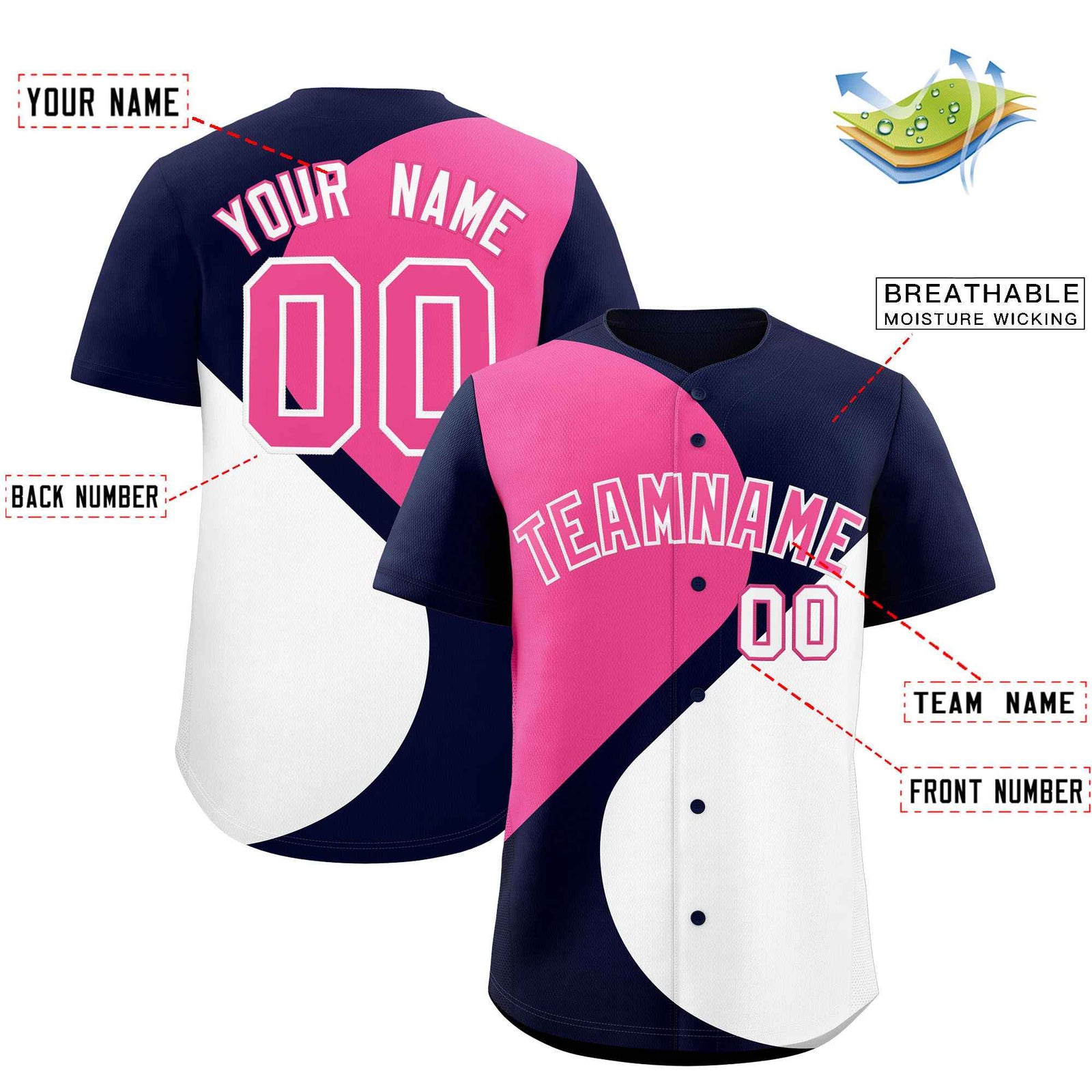 Custom Navy Pink-White Color Block Personalized Half Heart Pattern Authentic Baseball Jersey