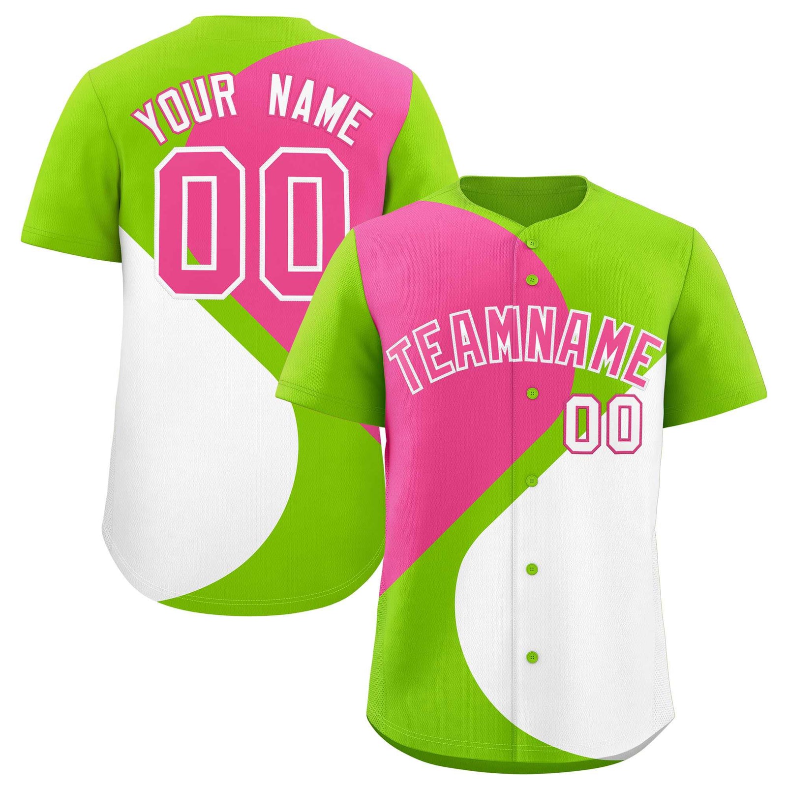 Custom Neon Green Pink-White Color Block Personalized Half Heart Pattern Authentic Baseball Jersey