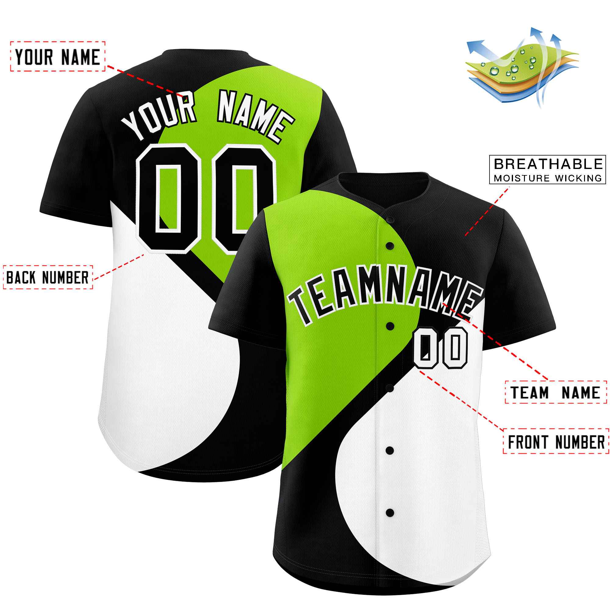 Custom Black Neon Green-White Color Block Personalized Half Heart Pattern Authentic Baseball Jersey