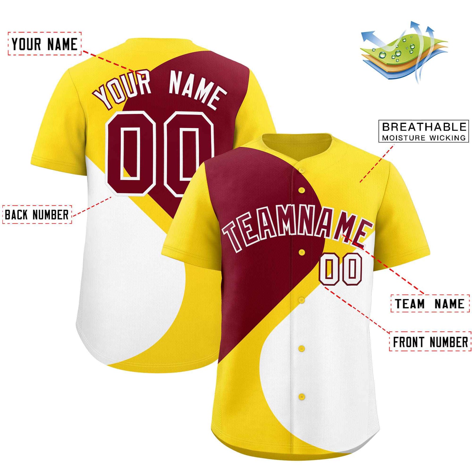 Custom Gold Crimson-White Color Block Personalized Half Heart Pattern Authentic Baseball Jersey