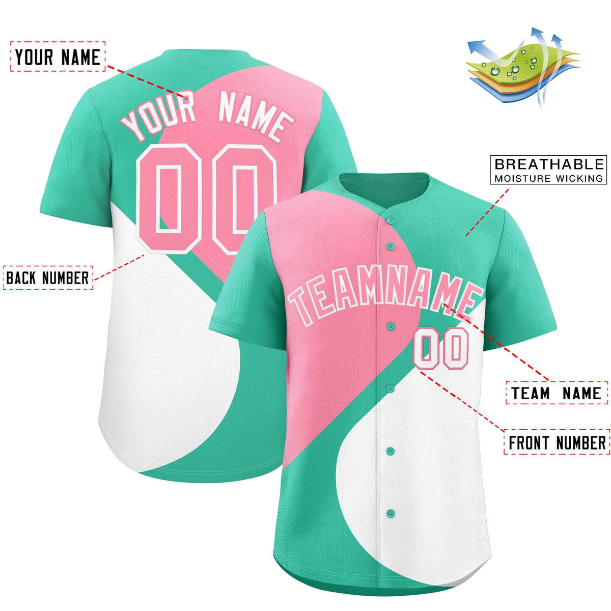 Custom Bright Green Light Pink-White Color Block Personalized Half Heart Pattern Authentic Baseball Jersey