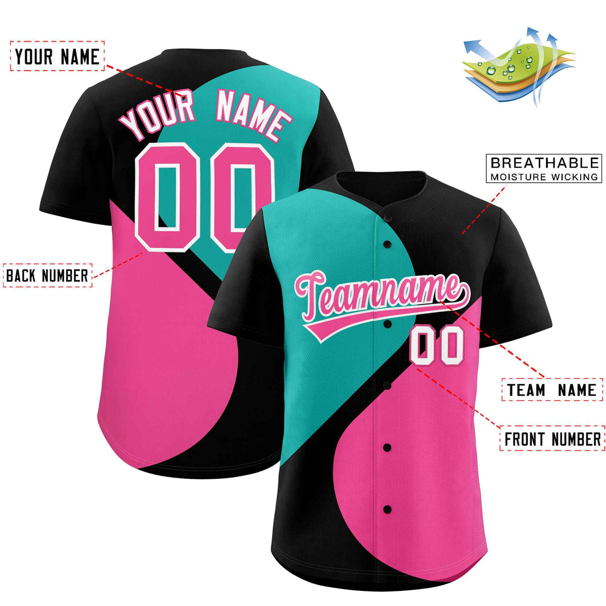 Custom Black Aqua-Pink Color Block Personalized Half Heart Pattern Authentic Baseball Jersey
