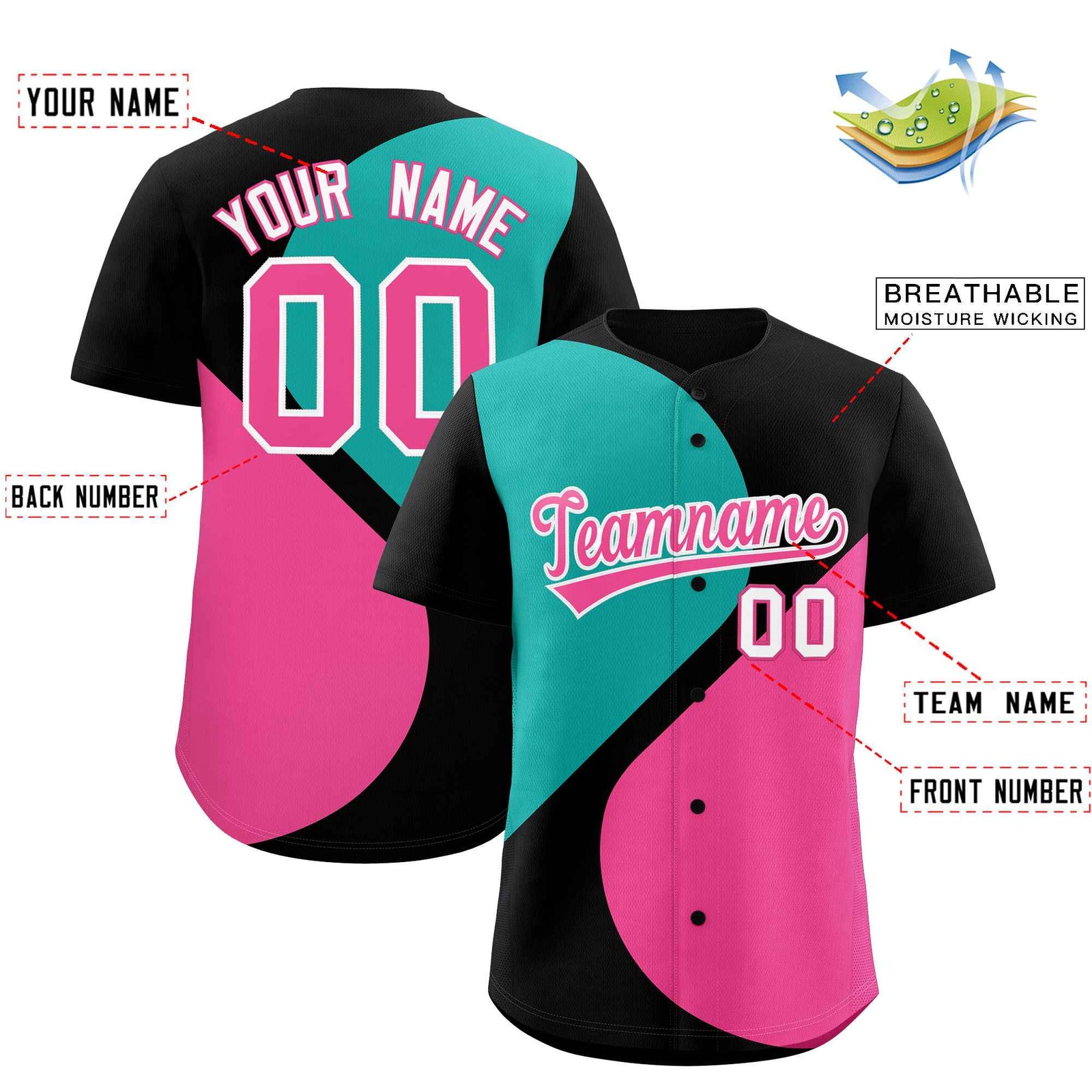 Custom Black Aqua-Pink Color Block Personalized Half Heart Pattern Authentic Baseball Jersey
