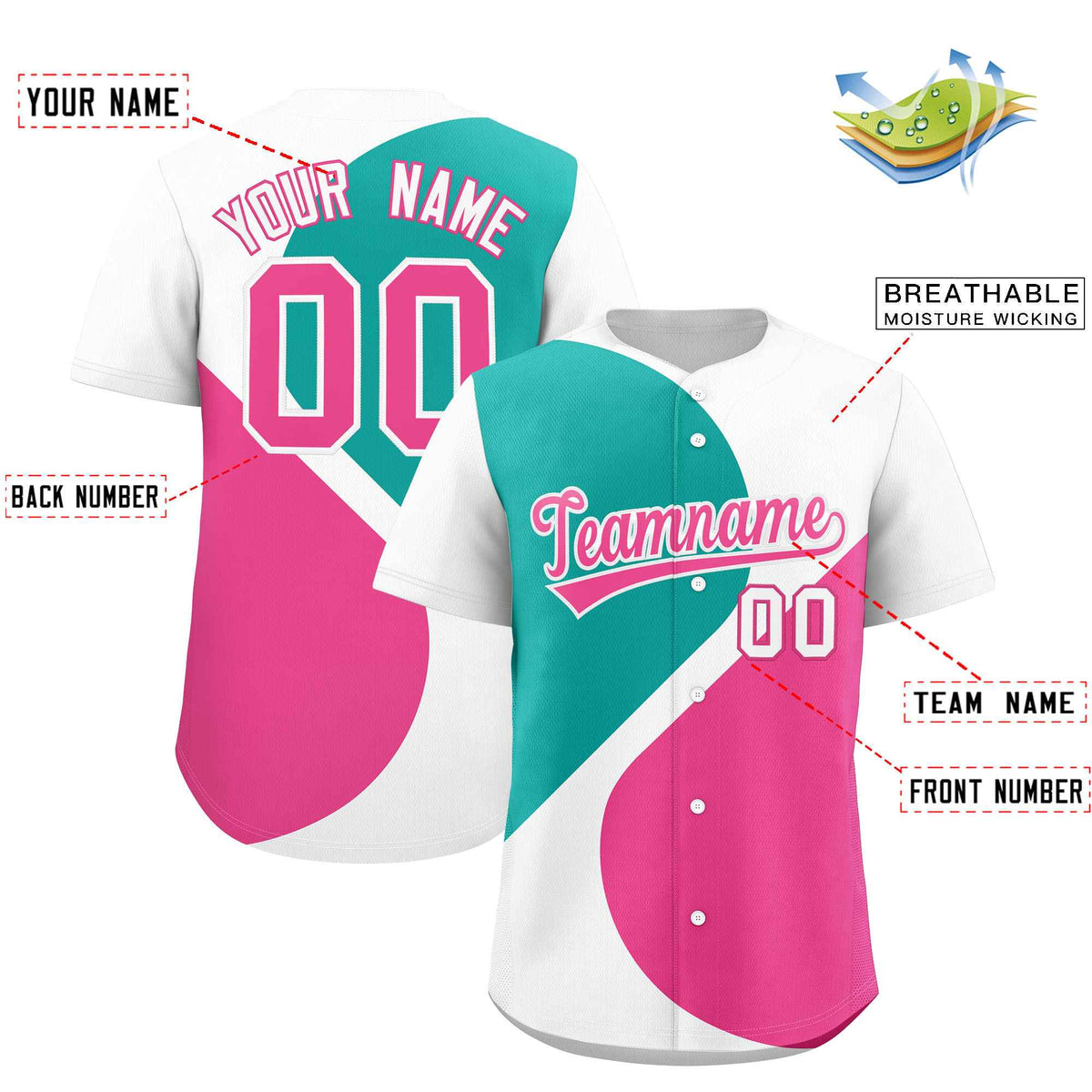 Custom White Aqua-Pink Color Block Personalized Half Heart Pattern Authentic Baseball Jersey