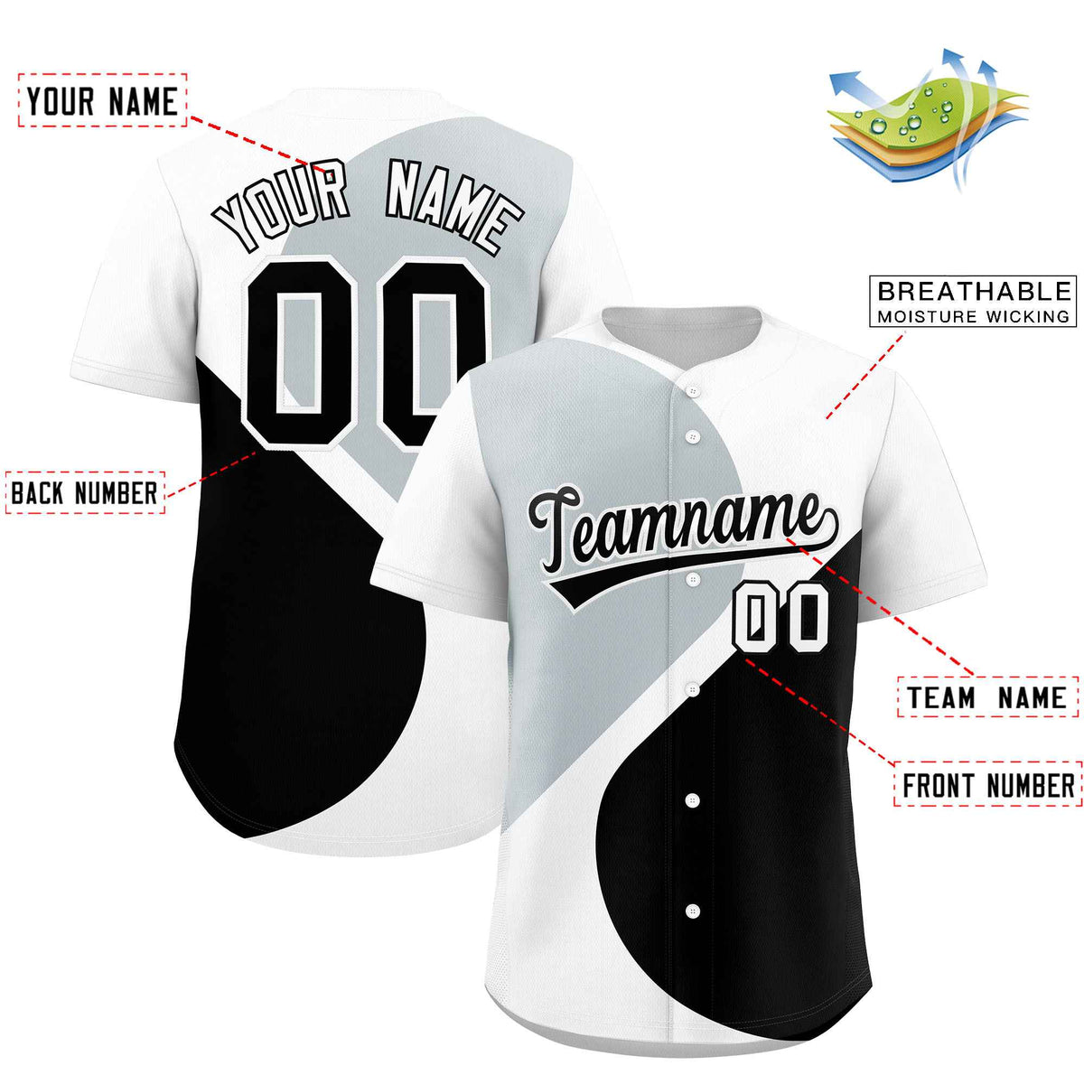 Custom White Silver-Black Color Block Personalized Half Heart Pattern Authentic Baseball Jersey
