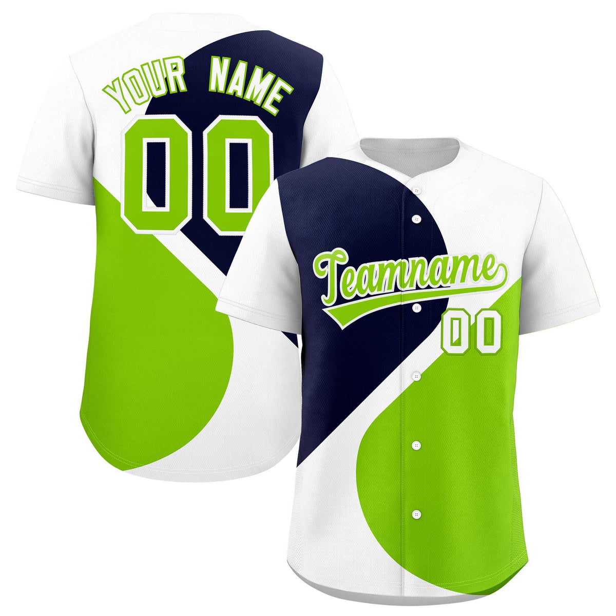 Custom White Navy-Neon Green Color Block Personalized Half Heart Pattern Authentic Baseball Jersey