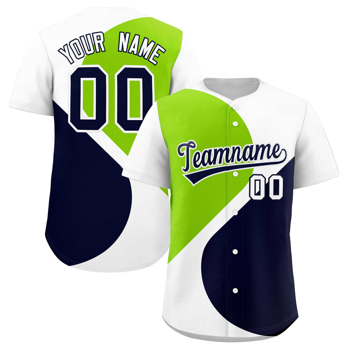 Custom White Neon Green-Navy Color Block Personalized Half Heart Pattern Authentic Baseball Jersey