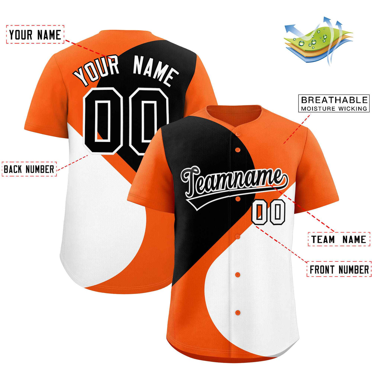 Custom Orange Black-White Color Block Personalized Half Heart Pattern Authentic Baseball Jersey