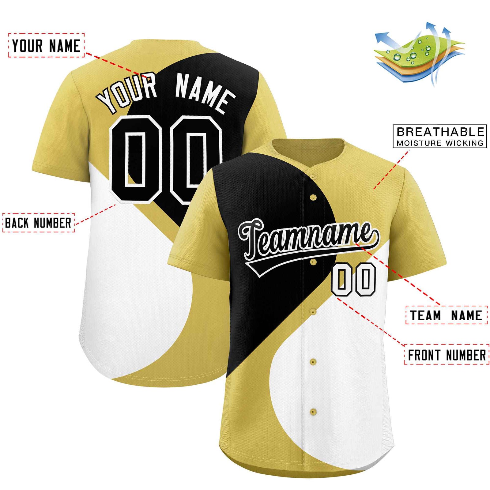 Custom Old Gold Black-White Color Block Personalized Half Heart Pattern Authentic Baseball Jersey