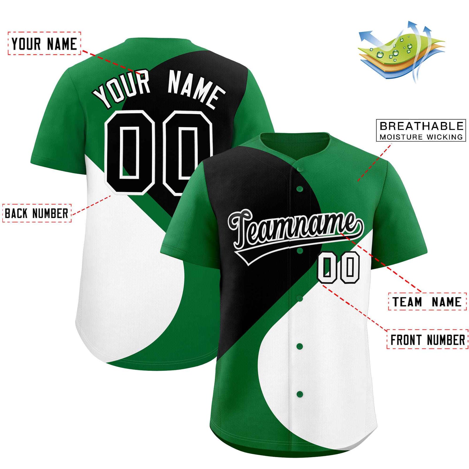 Custom Kelly Green Black-White Color Block Personalized Half Heart Pattern Authentic Baseball Jersey