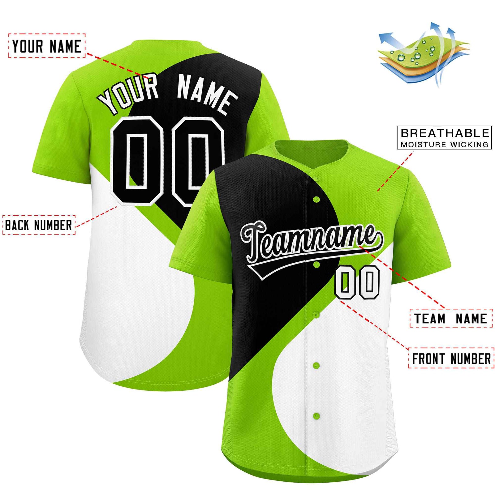 Custom Neon Green Black-White Color Block Personalized Half Heart Pattern Authentic Baseball Jersey