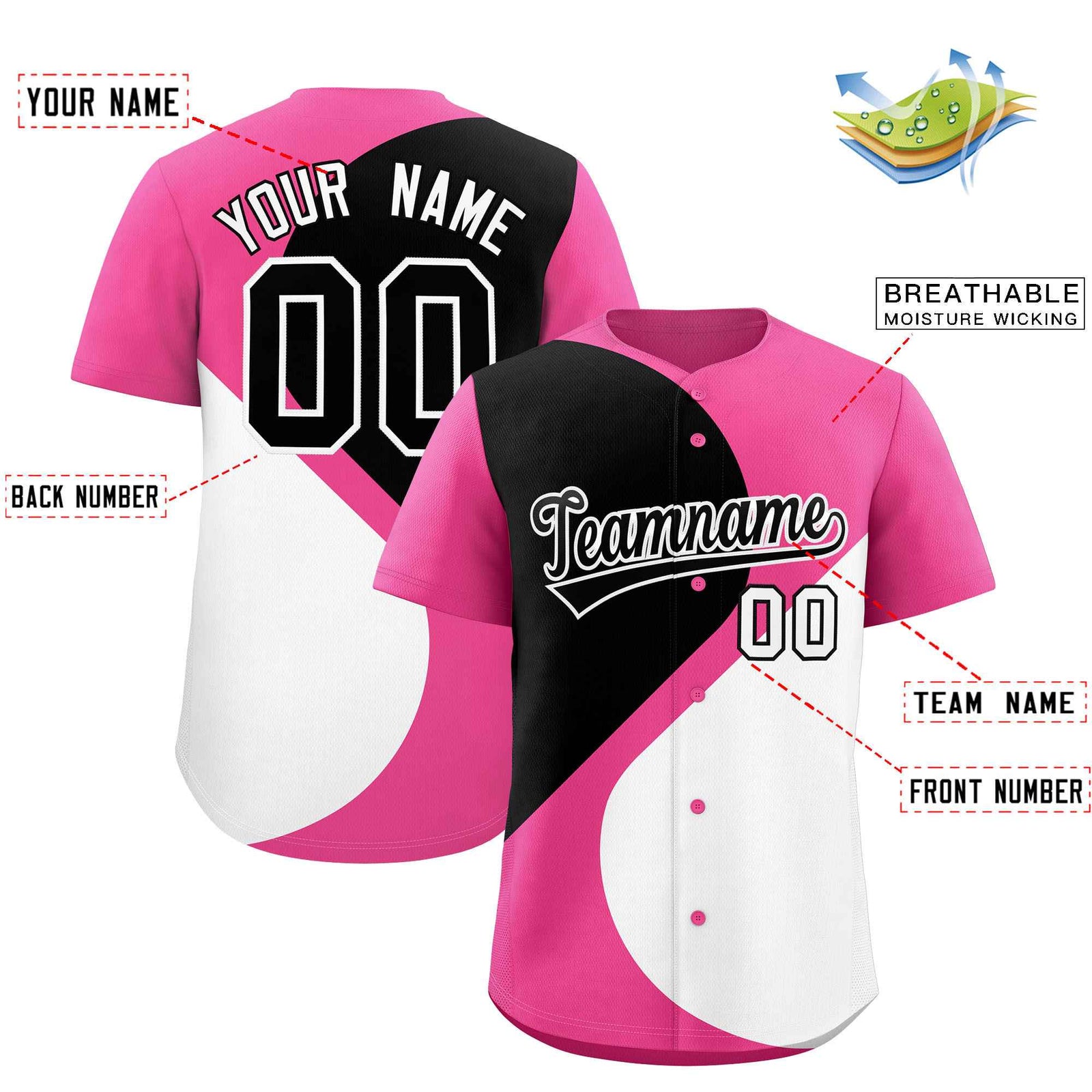 Custom Pink Black-White Color Block Personalized Half Heart Pattern Authentic Baseball Jersey