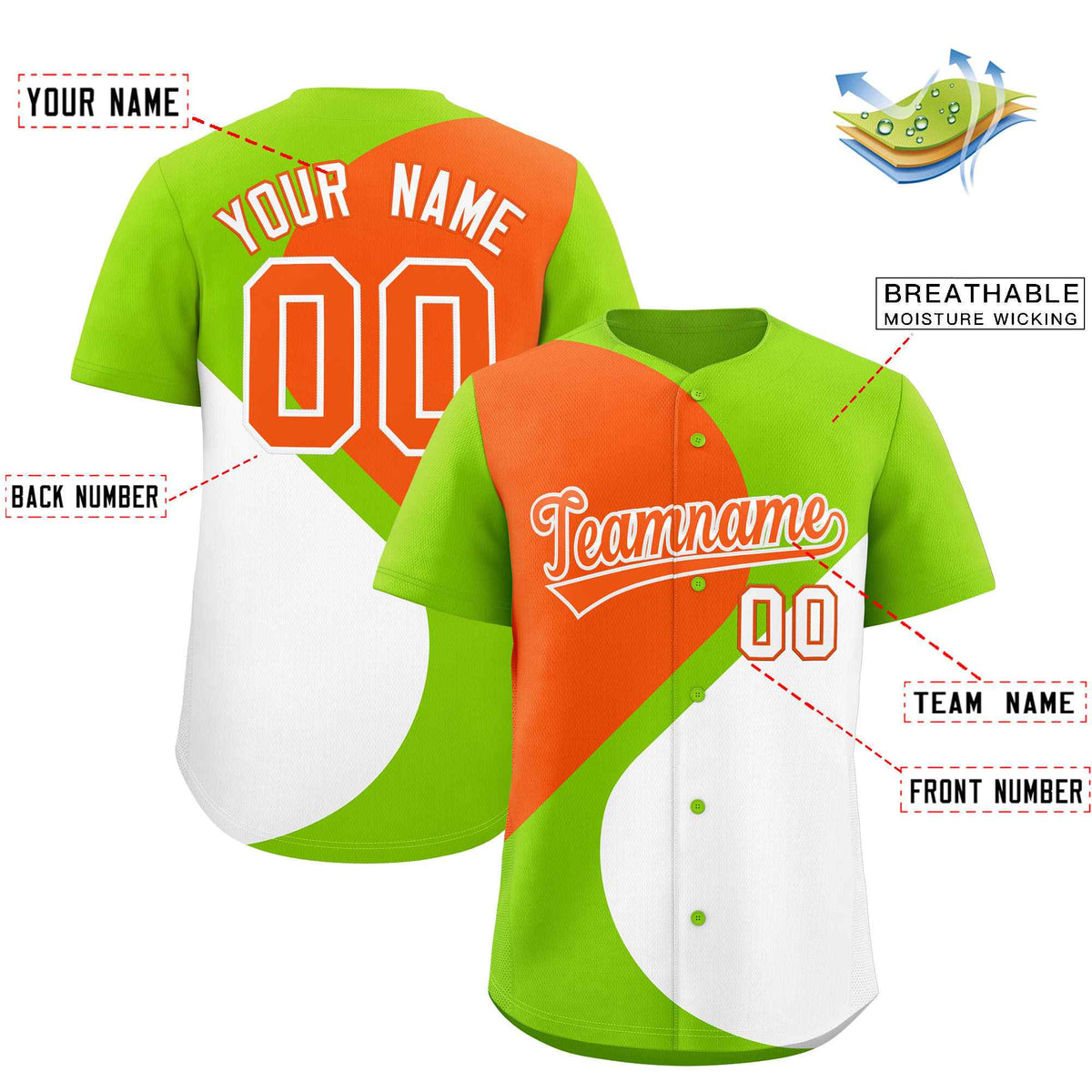 Custom Neon Green Orange-White Color Block Personalized Half Heart Pattern Authentic Baseball Jersey