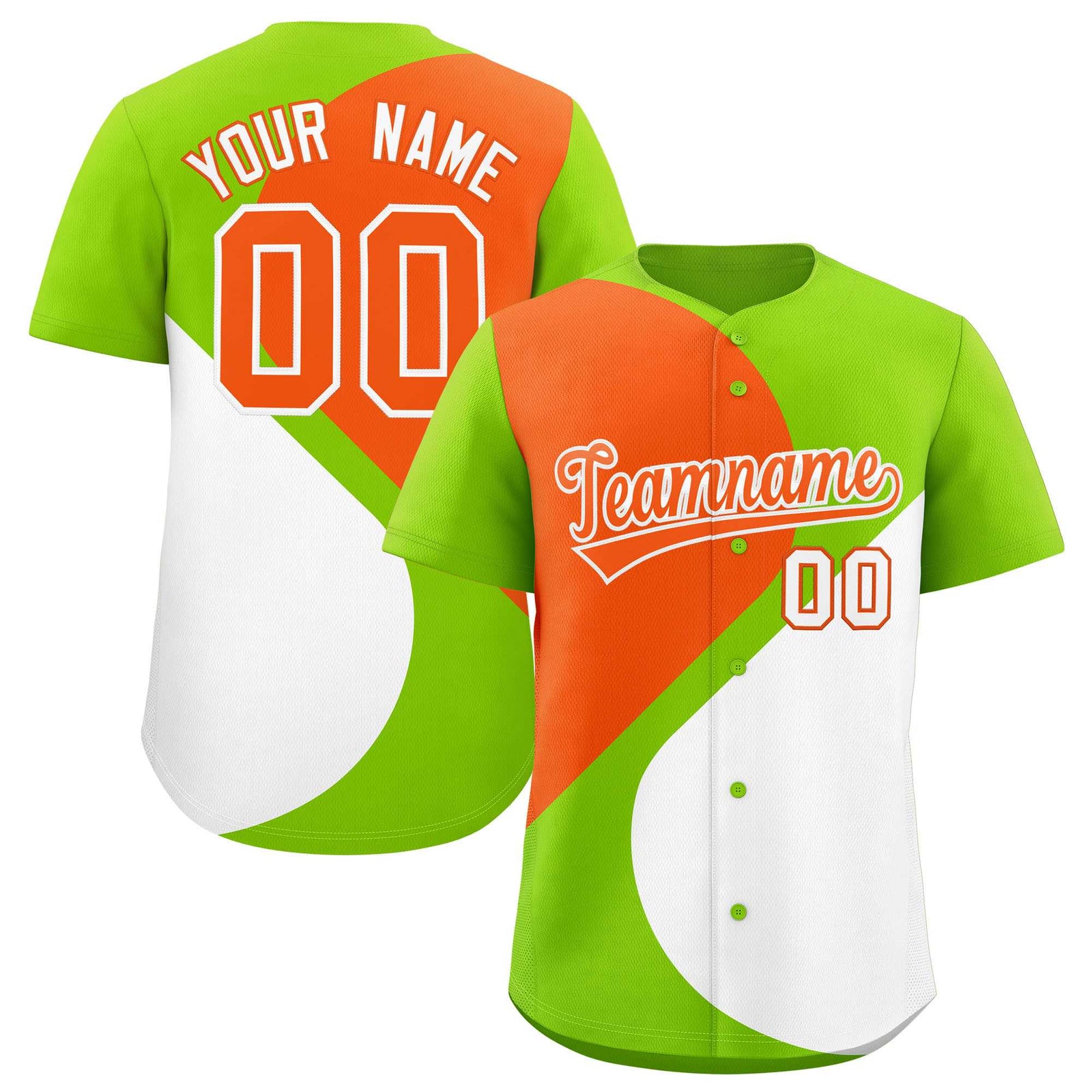 Custom Neon Green Orange-White Color Block Personalized Half Heart Pattern Authentic Baseball Jersey