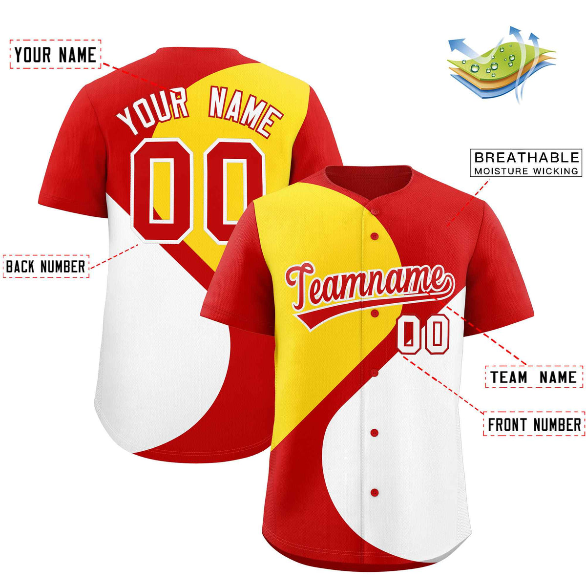 Custom Red Gold-White Color Block Personalized Half Heart Pattern Authentic Baseball Jersey