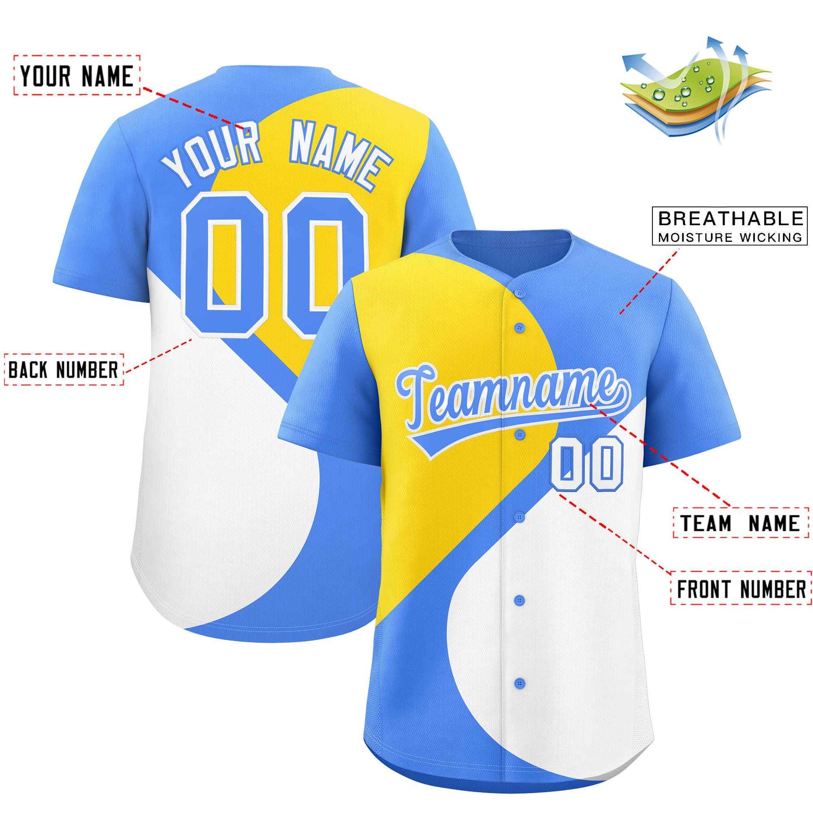 Custom Powder Blue Gold-White Color Block Personalized Half Heart Pattern Authentic Baseball Jersey