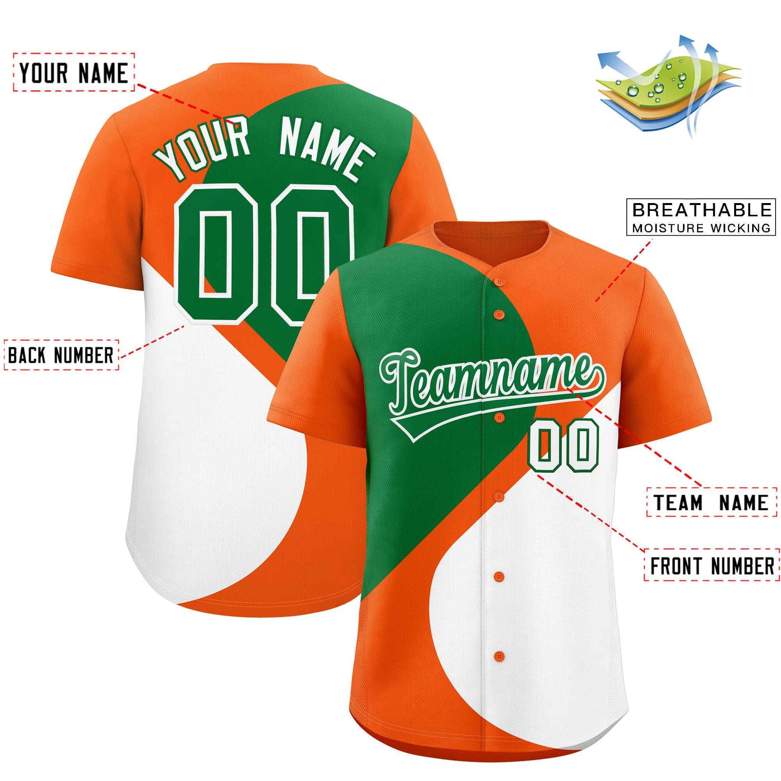 Custom Orange Kelly Green-White Color Block Personalized Half Heart Pattern Authentic Baseball Jersey