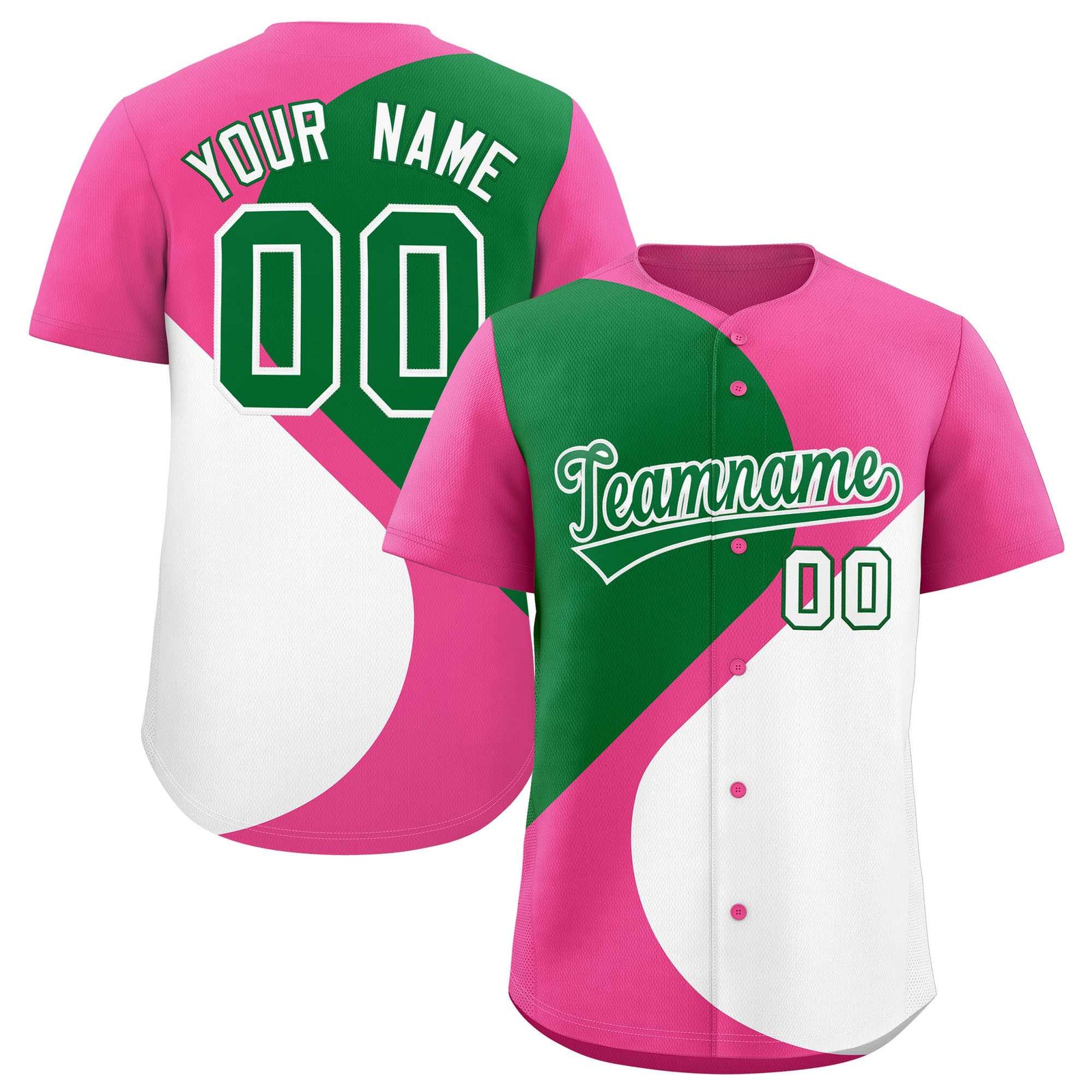 Custom Pink Kelly Green-White Color Block Personalized Half Heart Pattern Authentic Baseball Jersey