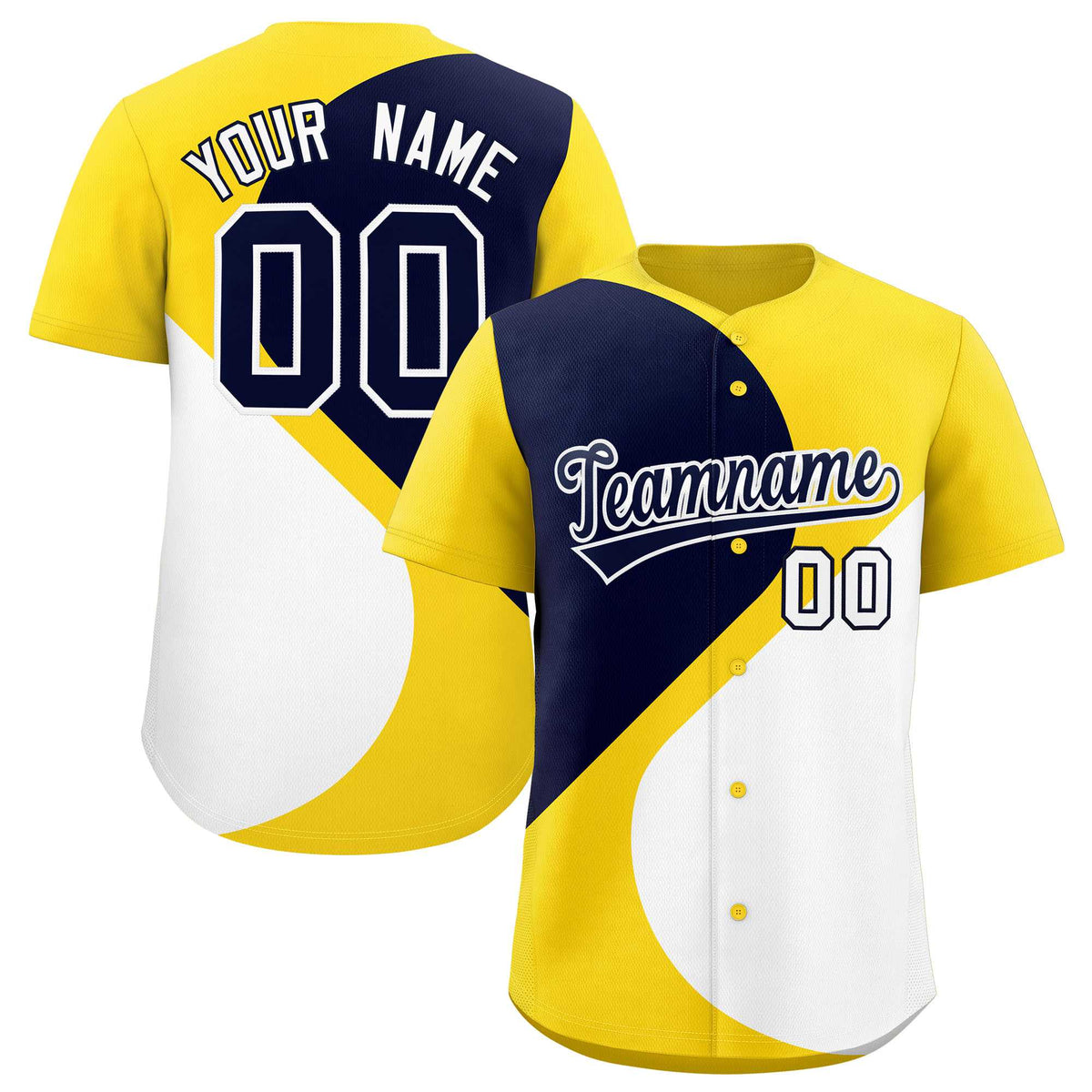 Custom Gold Navy-White Color Block Personalized Half Heart Pattern Authentic Baseball Jersey