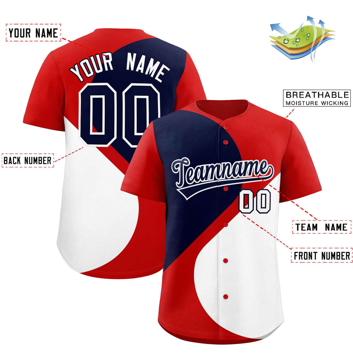 Custom Red Navy-White Color Block Personalized Half Heart Pattern Authentic Baseball Jersey