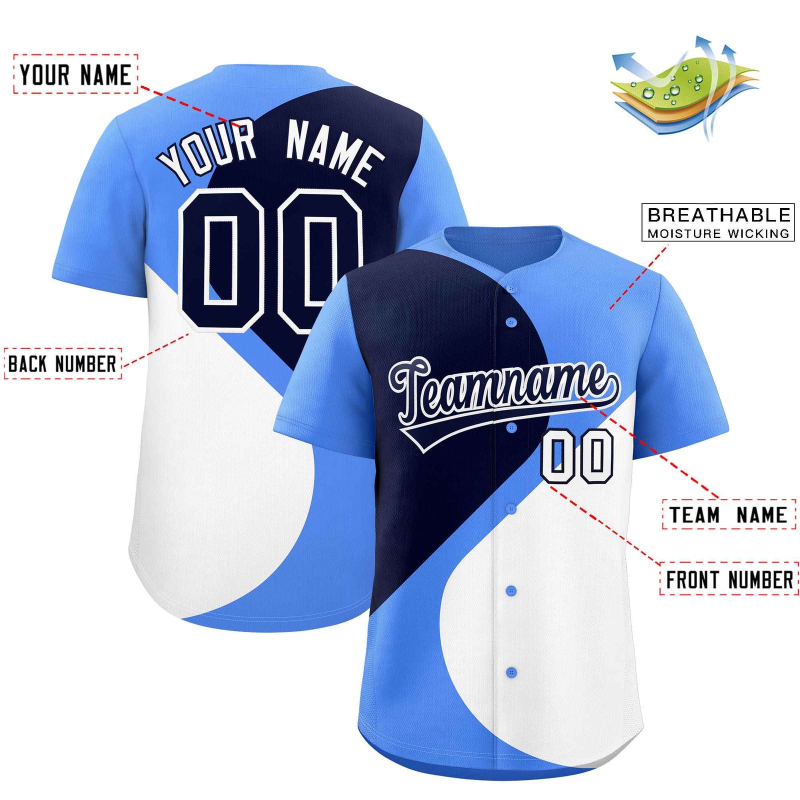 Custom Powder Blue Navy-White Color Block Personalized Half Heart Pattern Authentic Baseball Jersey