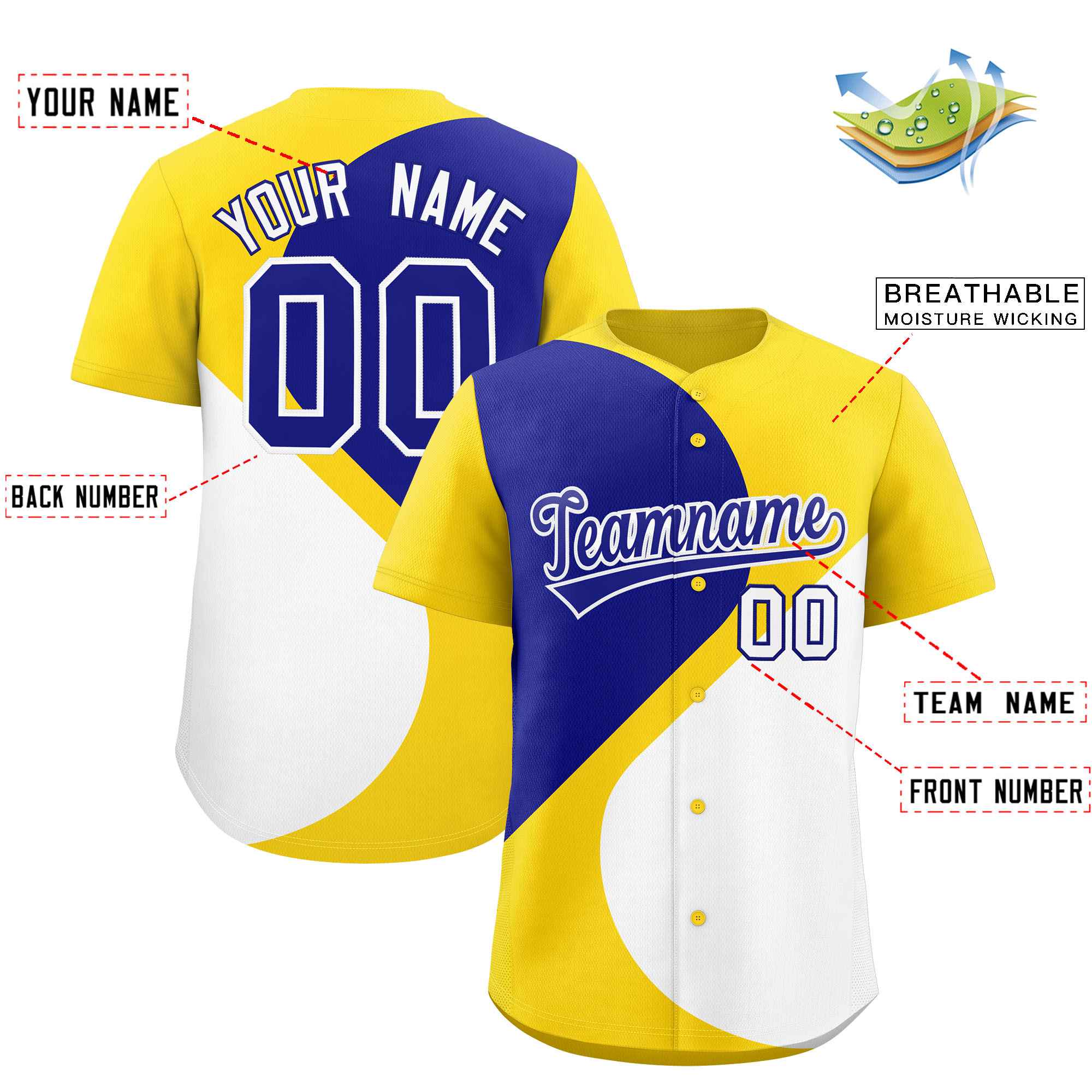 Custom Gold Royal-White Color Block Personalized Half Heart Pattern Authentic Baseball Jersey