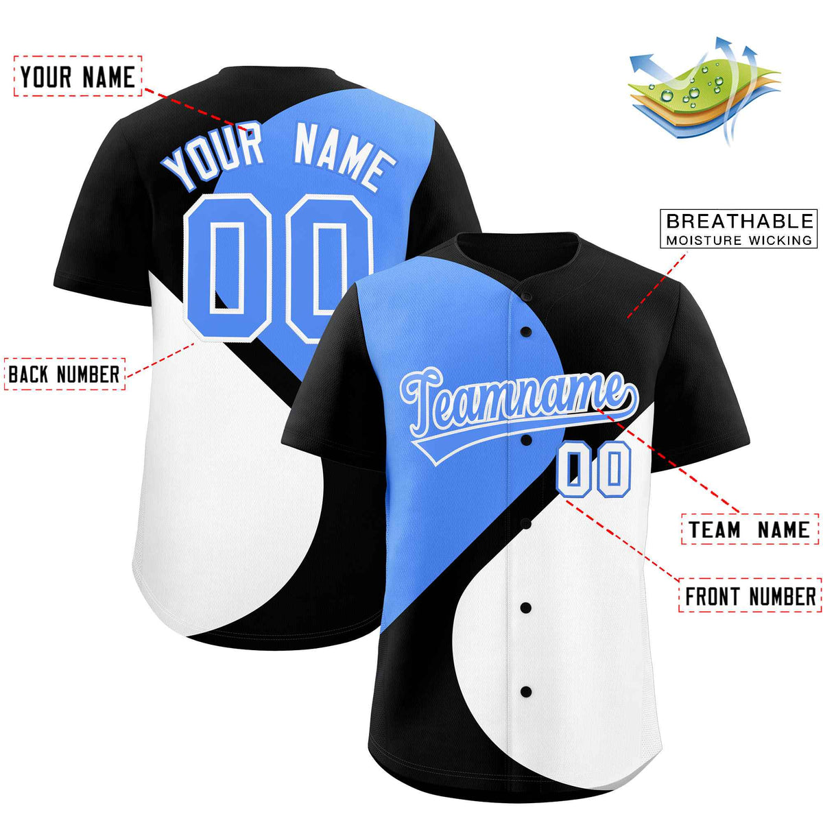 Custom Black Powder Blue-White Color Block Personalized Half Heart Pattern Authentic Baseball Jersey