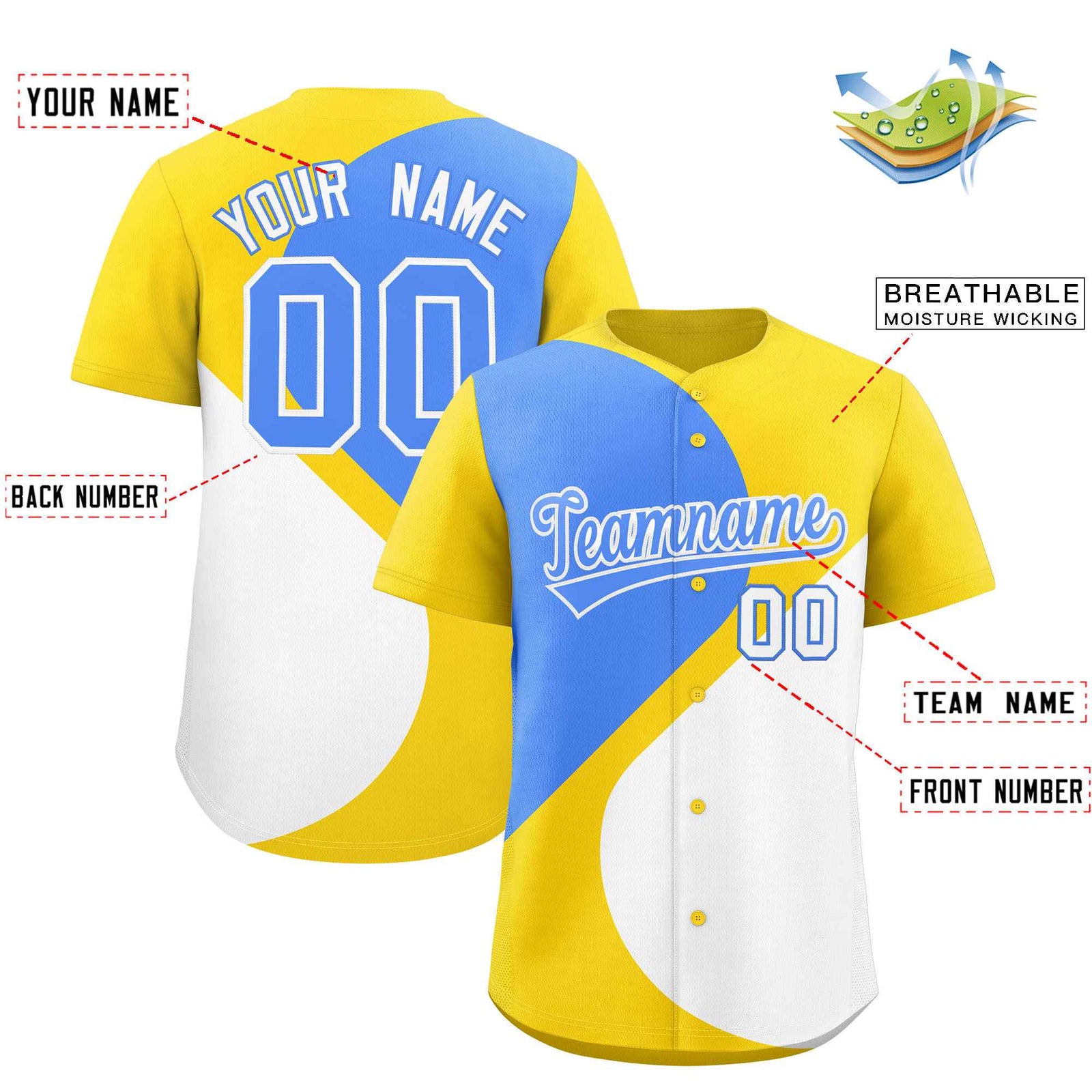 Custom Gold Powder Blue-White Color Block Personalized Half Heart Pattern Authentic Baseball Jersey
