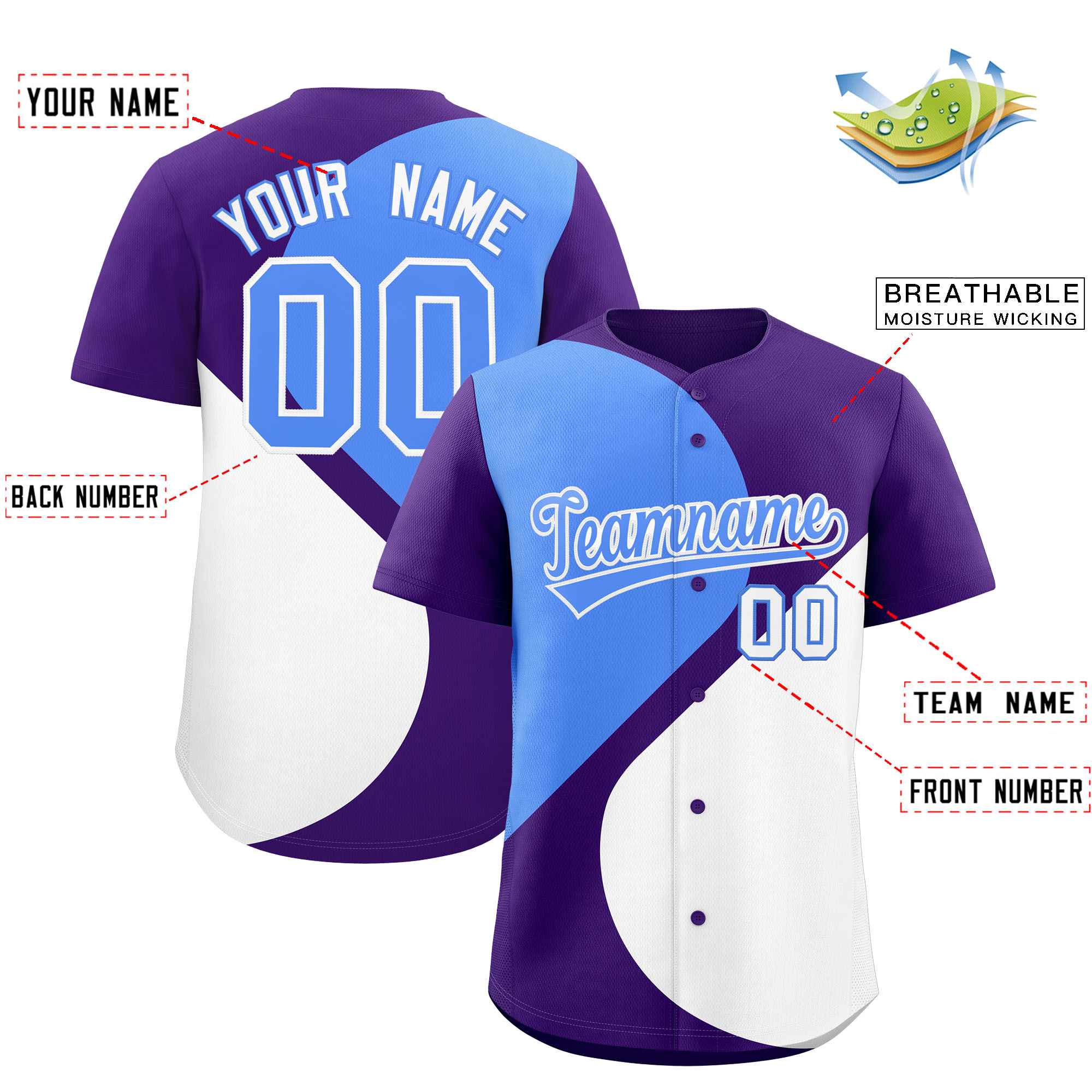 Custom Purple Powder Blue-White Color Block Personalized Half Heart Pattern Authentic Baseball Jersey