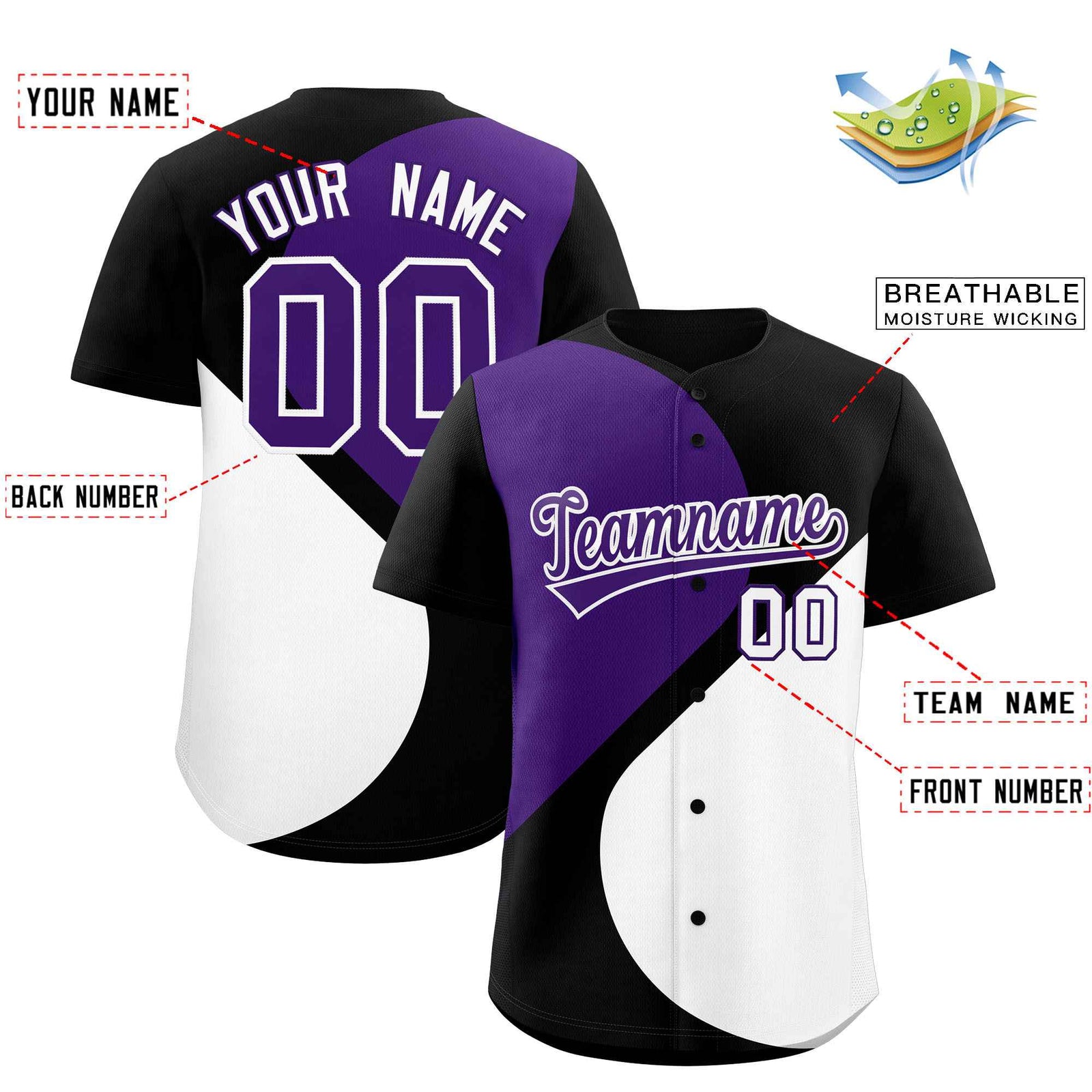 Custom Black Purple-White Color Block Personalized Half Heart Pattern Authentic Baseball Jersey