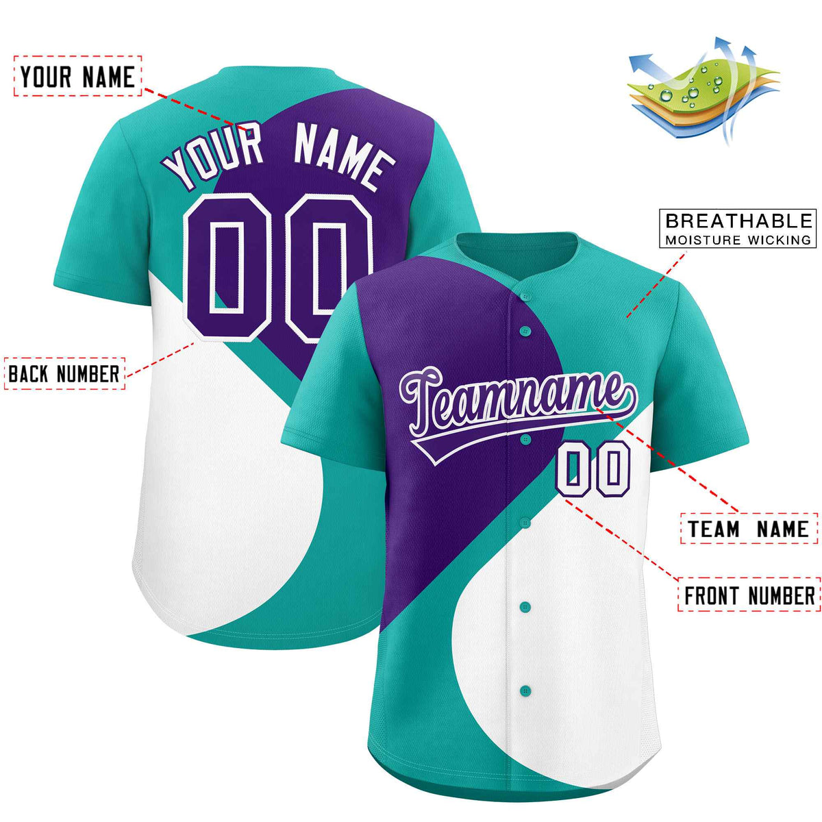 Custom Aqua Purple-White Color Block Personalized Half Heart Pattern Authentic Baseball Jersey