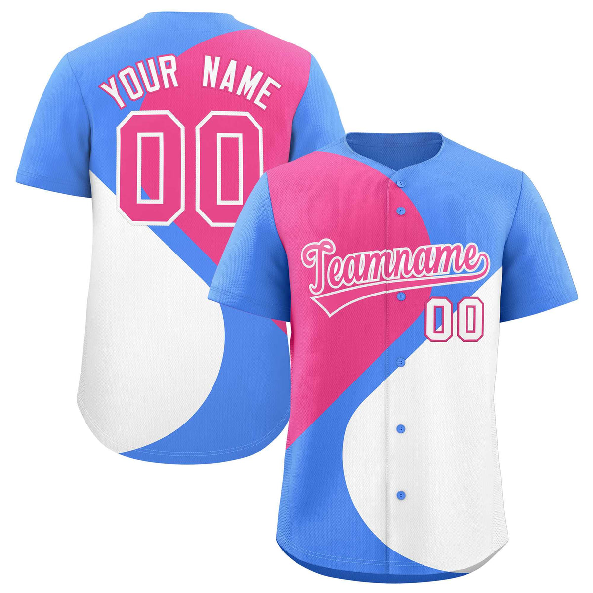 Custom Powder Blue Pink-White Color Block Personalized Half Heart Pattern Authentic Baseball Jersey
