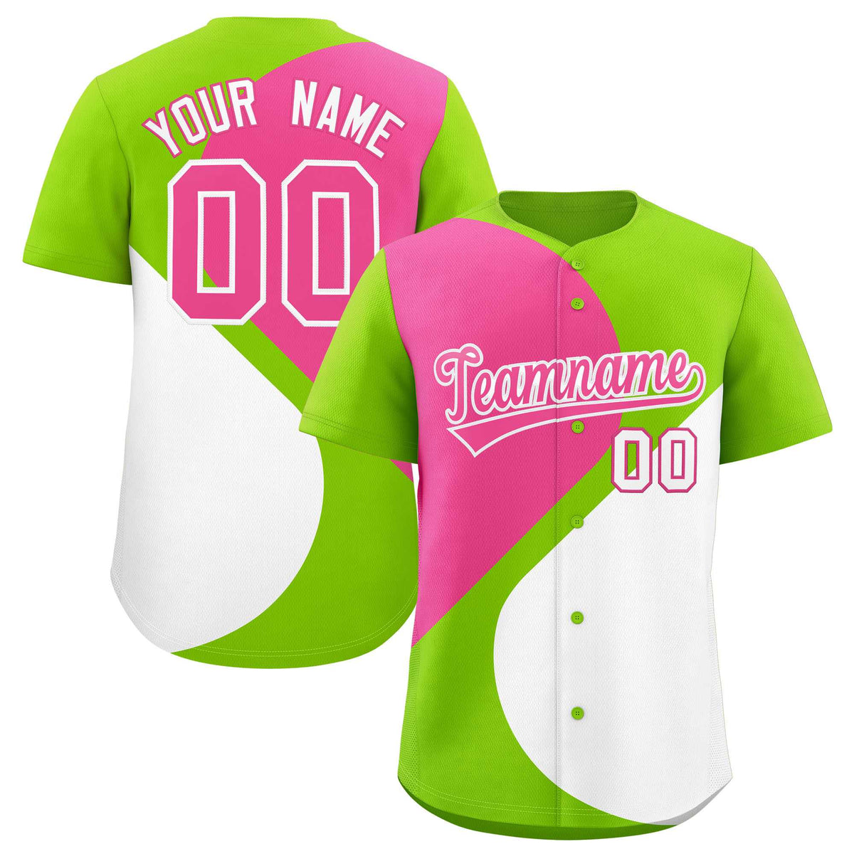 Custom Neon Green Pink-White Color Block Personalized Half Heart Pattern Authentic Baseball Jersey