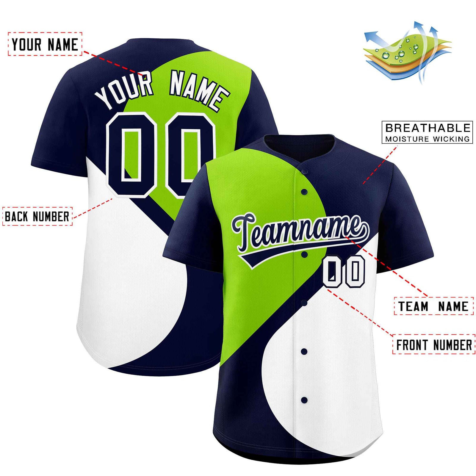 Custom Navy Neon Green-White Color Block Personalized Half Heart Pattern Authentic Baseball Jersey