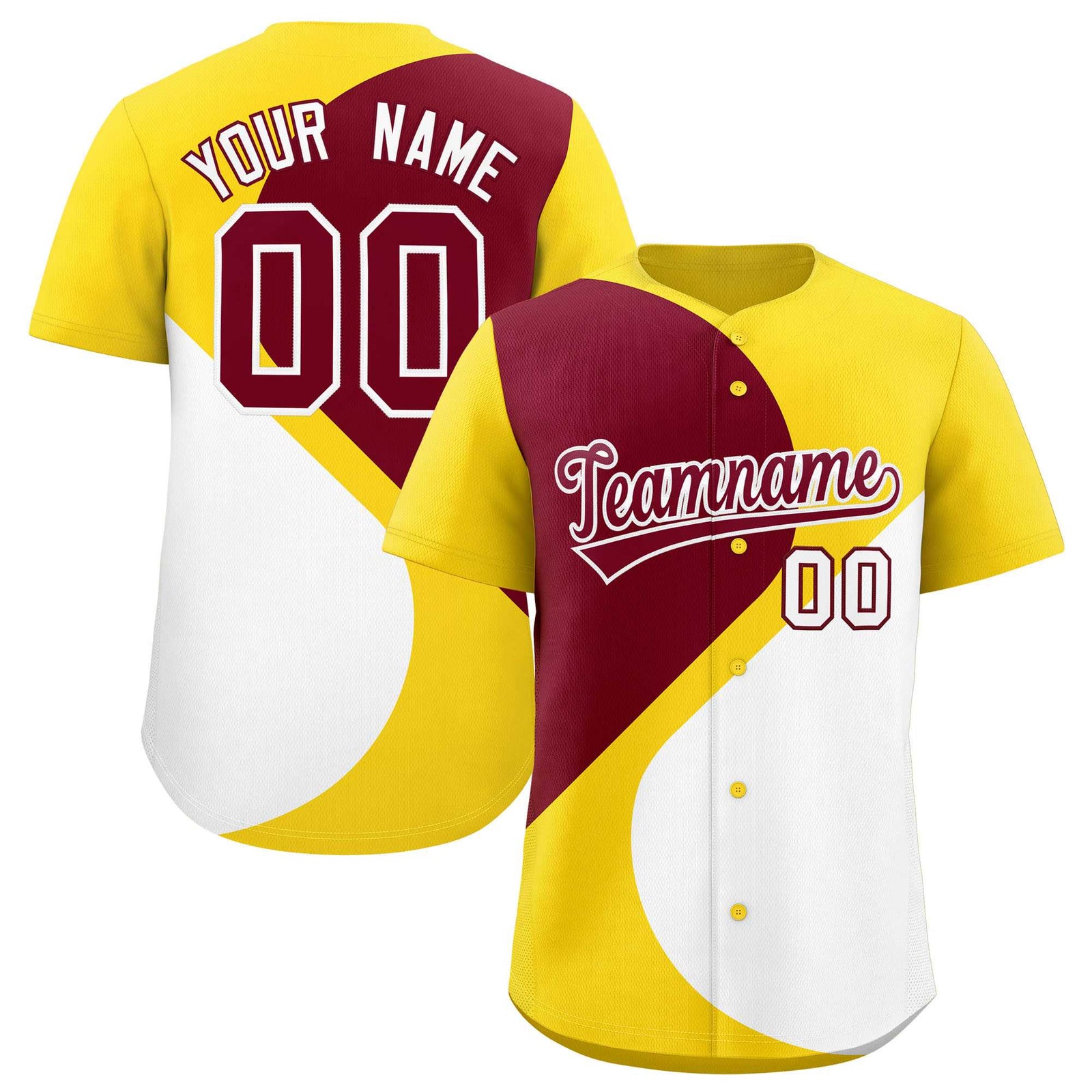 Custom Gold Crimson-White Color Block Personalized Half Heart Pattern Authentic Baseball Jersey