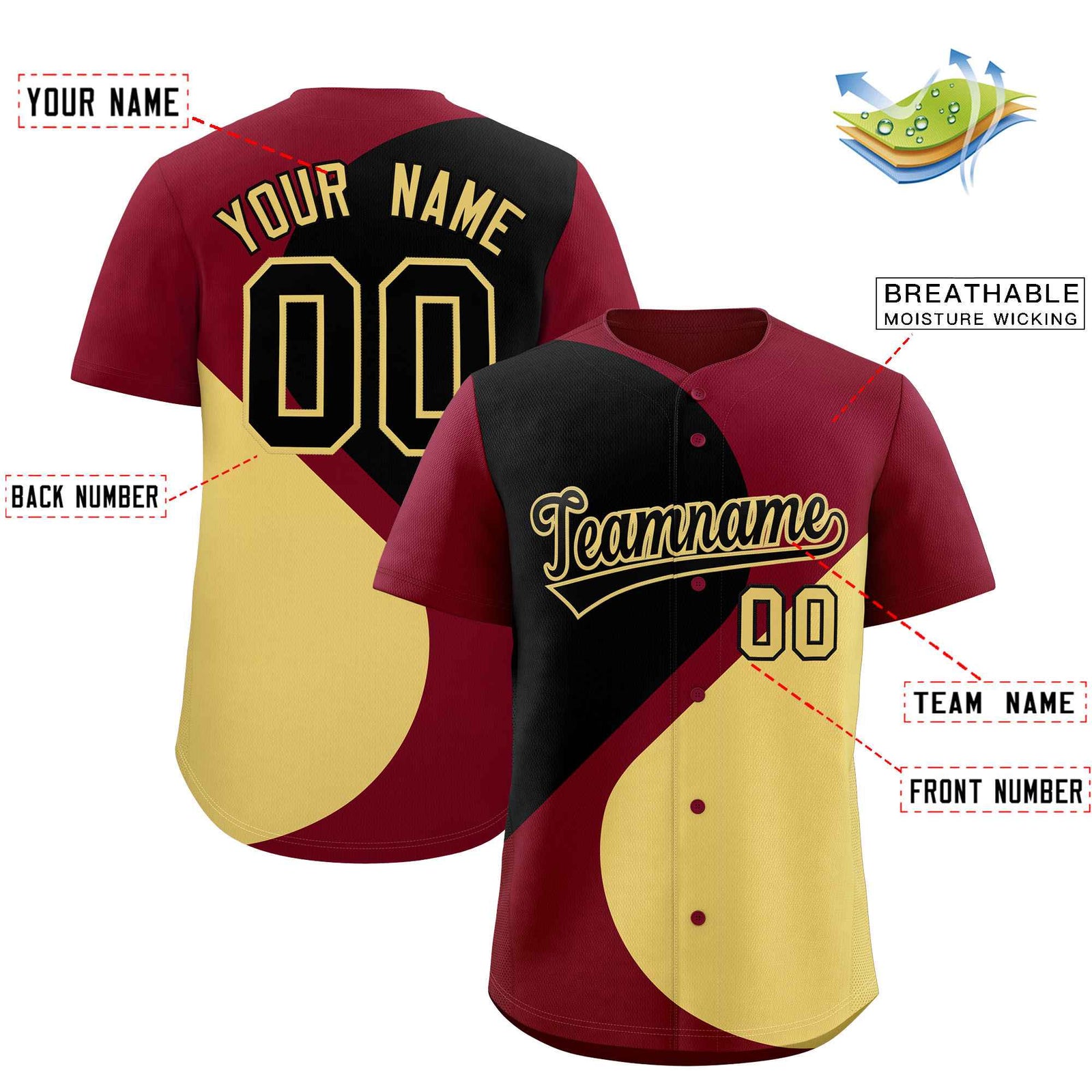 Custom Crimson Black-Khaki Color Block Personalized Half Heart Pattern Authentic Baseball Jersey