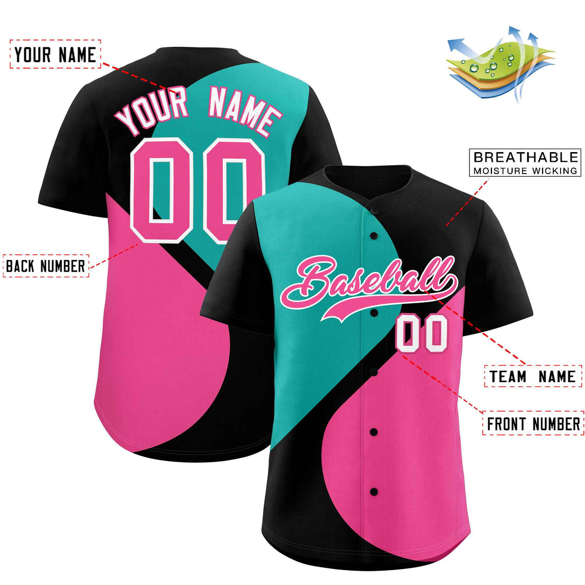 Custom Black Aqua-Pink Color Block Personalized Half Heart Pattern Authentic Baseball Jersey