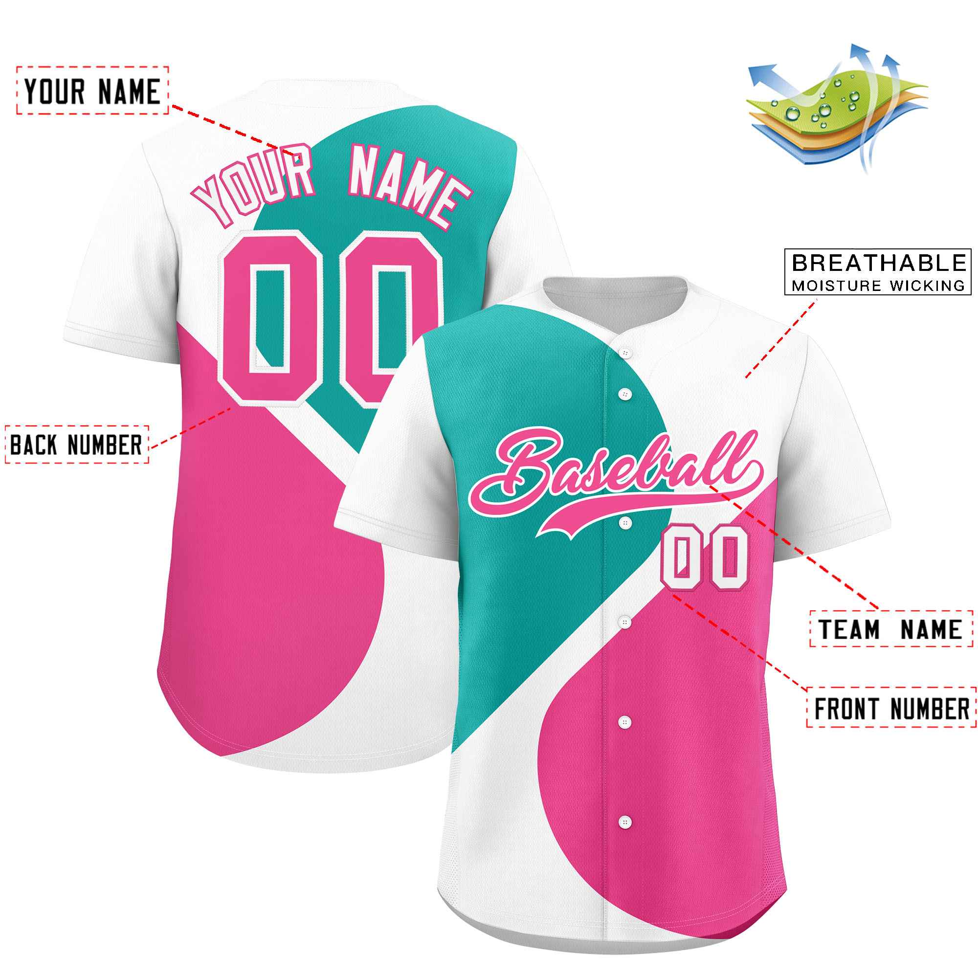 Custom White Aqua-Pink Color Block Personalized Half Heart Pattern Authentic Baseball Jersey